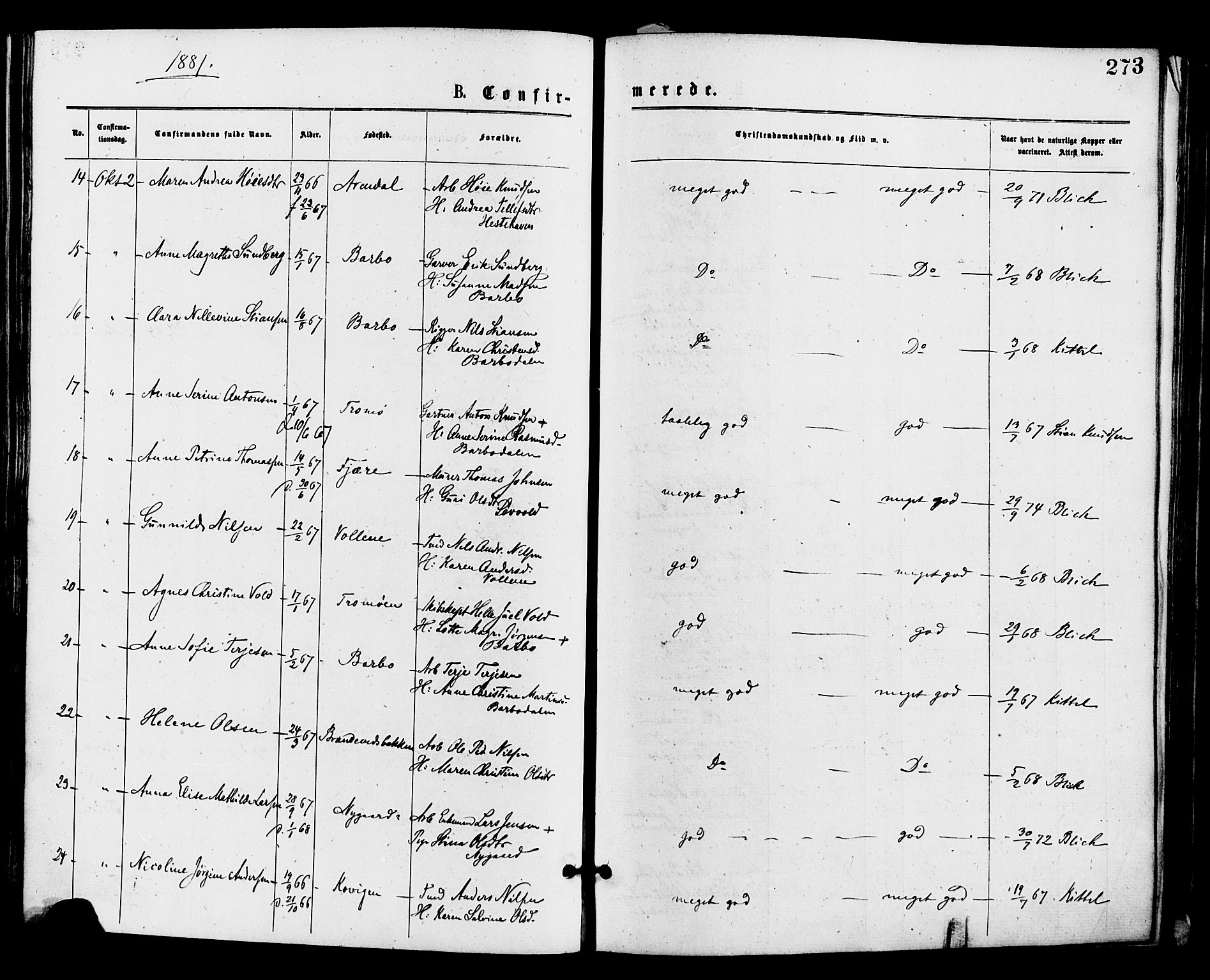 Barbu sokneprestkontor, AV/SAK-1111-0003/F/Fa/L0001: Parish register (official) no. A 1 /1, 1878-1883, p. 273