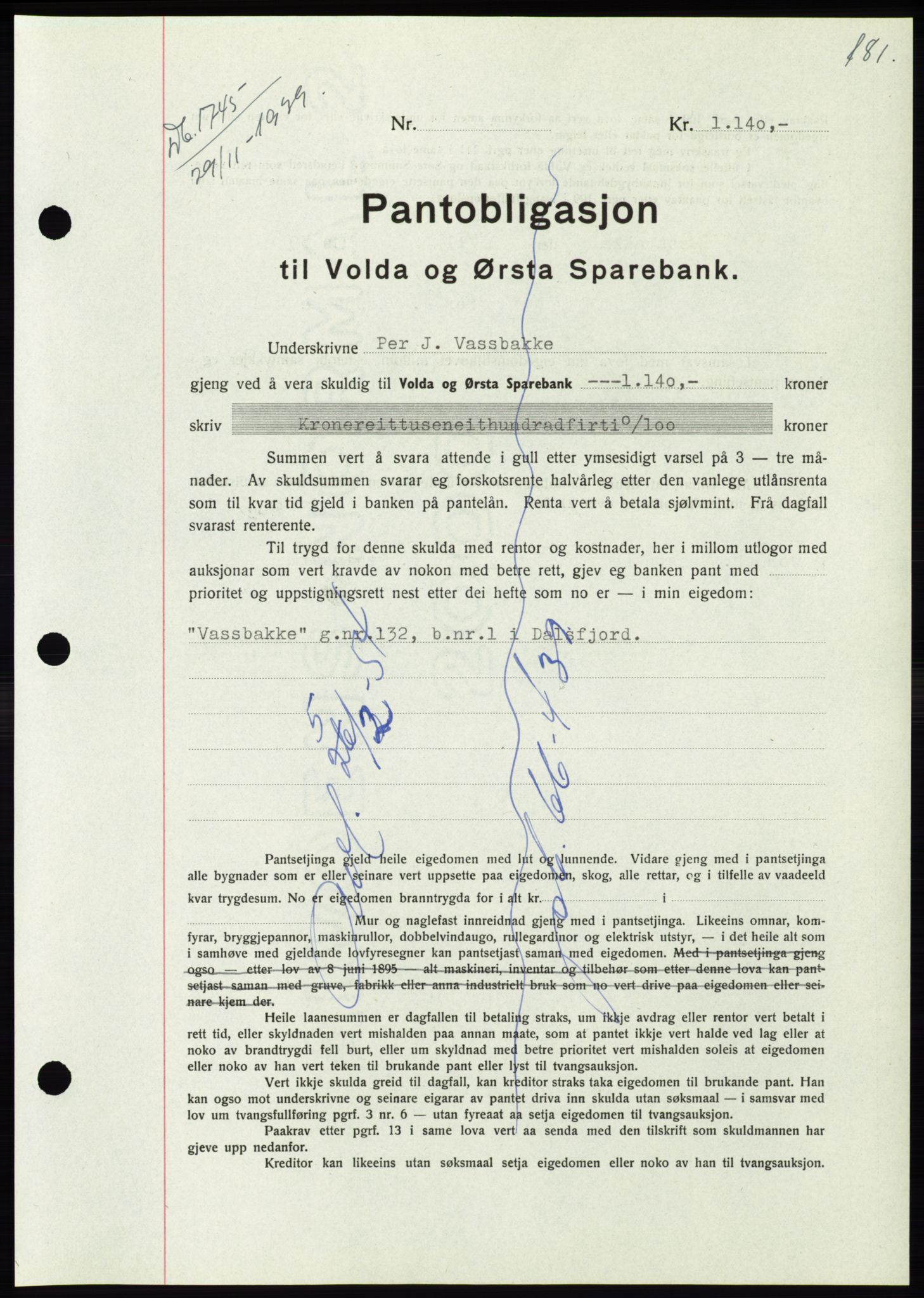 Søre Sunnmøre sorenskriveri, AV/SAT-A-4122/1/2/2C/L0069: Mortgage book no. 63, 1939-1940, Diary no: : 1745/1939