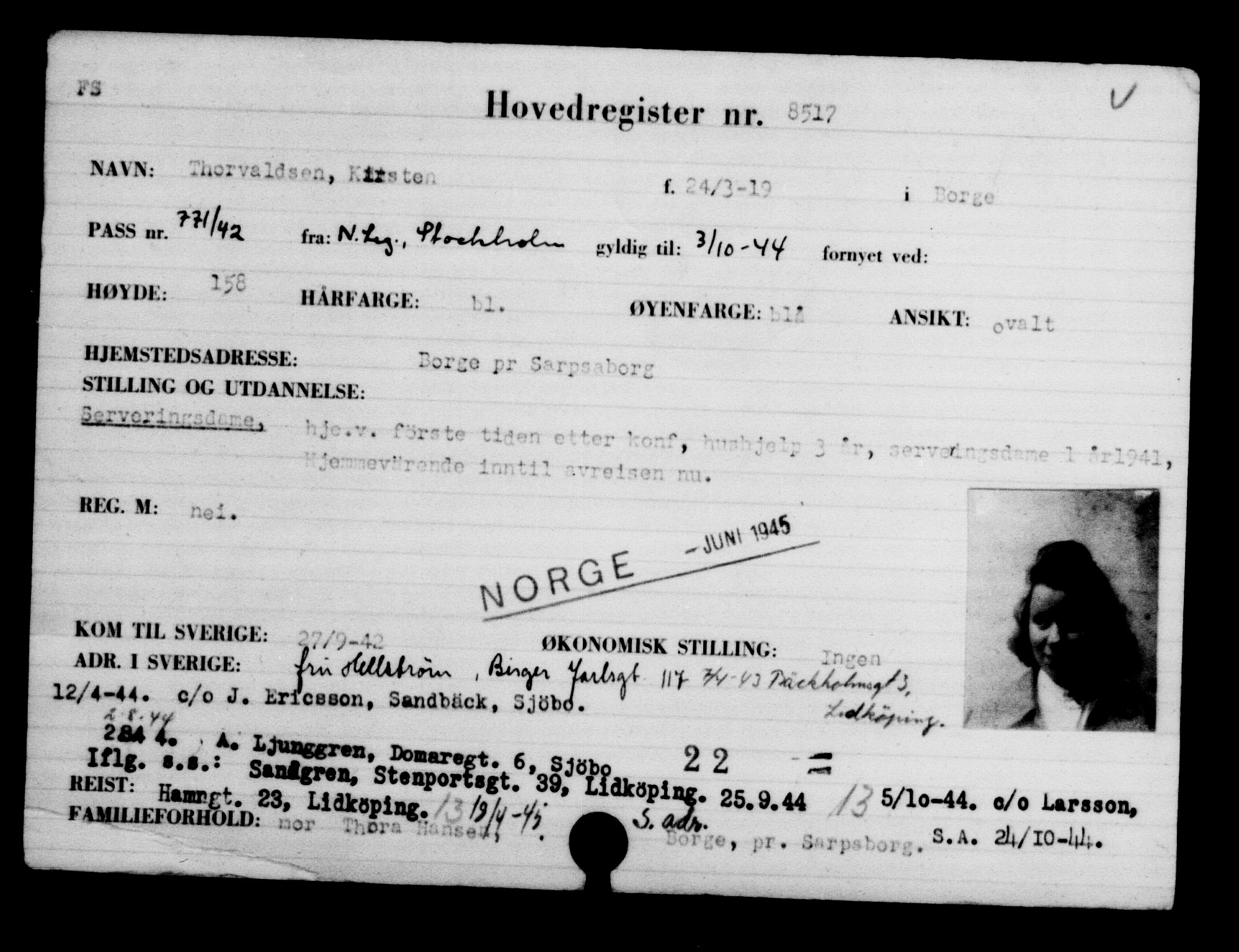 Utenriksstasjonene, Legasjonen i Stockholm, Flyktningkontoret, AV/RA-S-6753/V/Va/L0005: Kjesäterkartoteket, flyktninger med registreringsnr. 6600-9417, 1940-1945, p. 2238