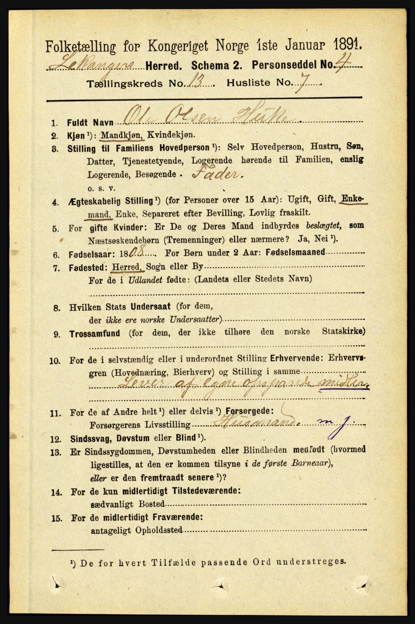 RA, 1891 census for 1419 Leikanger, 1891, p. 2495