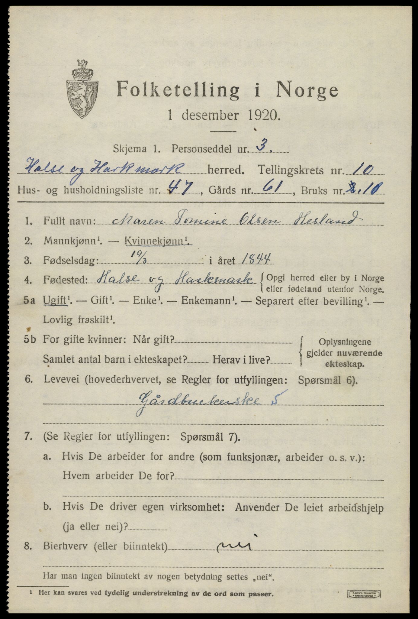 SAK, 1920 census for Halse og Harkmark, 1920, p. 6047