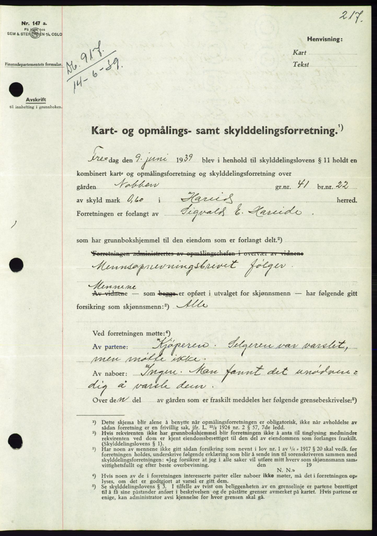 Søre Sunnmøre sorenskriveri, AV/SAT-A-4122/1/2/2C/L0068: Mortgage book no. 62, 1939-1939, Diary no: : 917/1939