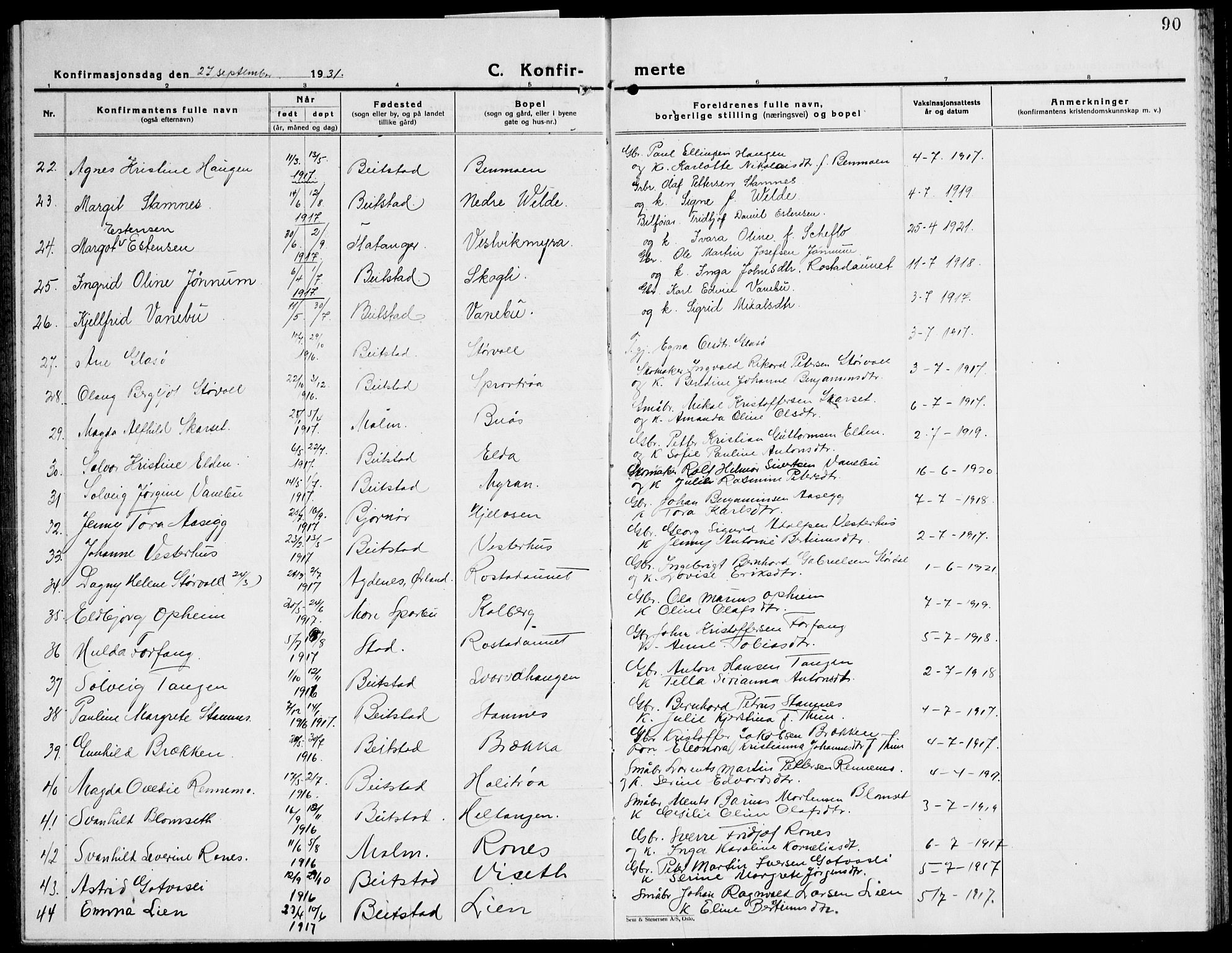Ministerialprotokoller, klokkerbøker og fødselsregistre - Nord-Trøndelag, SAT/A-1458/741/L0403: Parish register (copy) no. 741C04, 1925-1944, p. 90