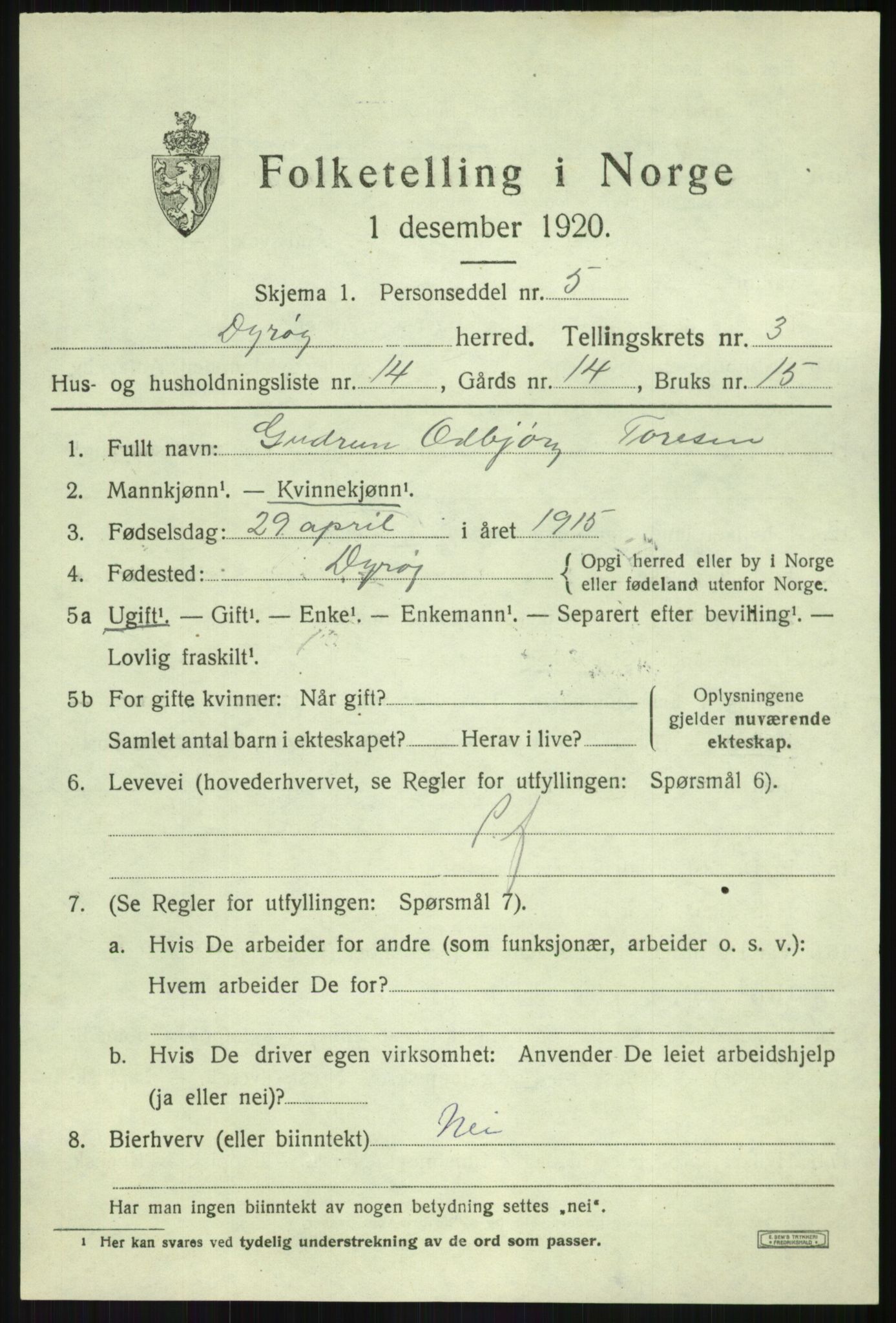 SATØ, 1920 census for Dyrøy, 1920, p. 1807