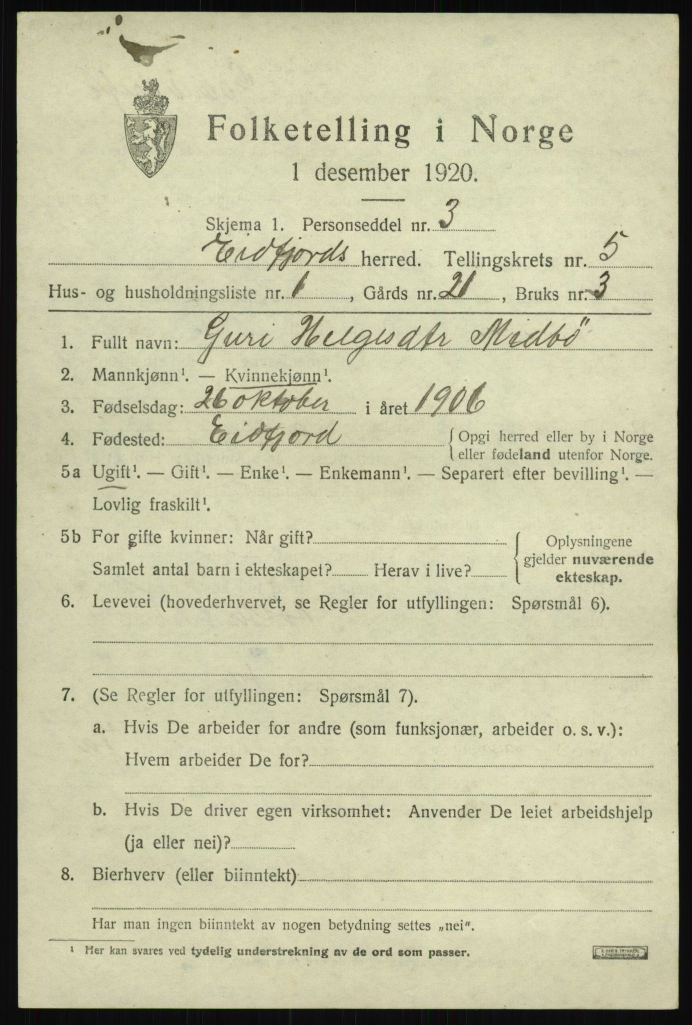 SAB, 1920 census for Eidfjord, 1920, p. 1760