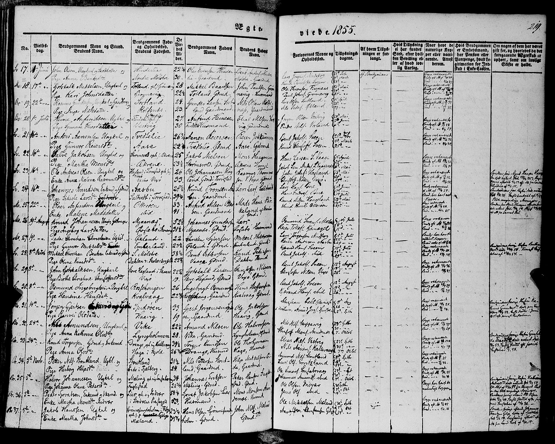 Finnås sokneprestembete, SAB/A-99925/H/Ha/Haa/Haaa/L0007: Parish register (official) no. A 7, 1850-1862, p. 219