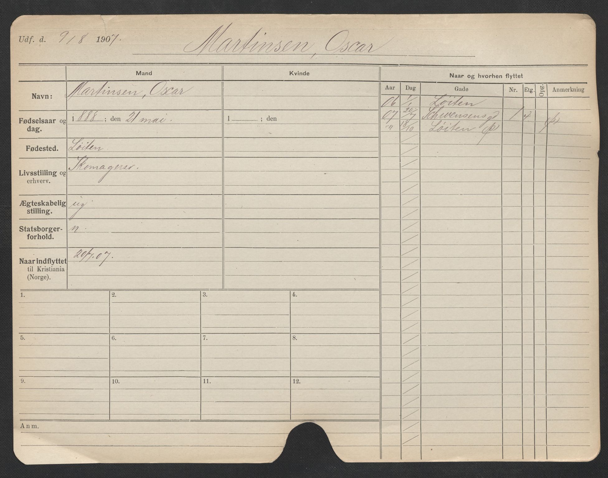 Oslo folkeregister, Registerkort, AV/SAO-A-11715/F/Fa/Fac/L0007: Menn, 1906-1914, p. 602a