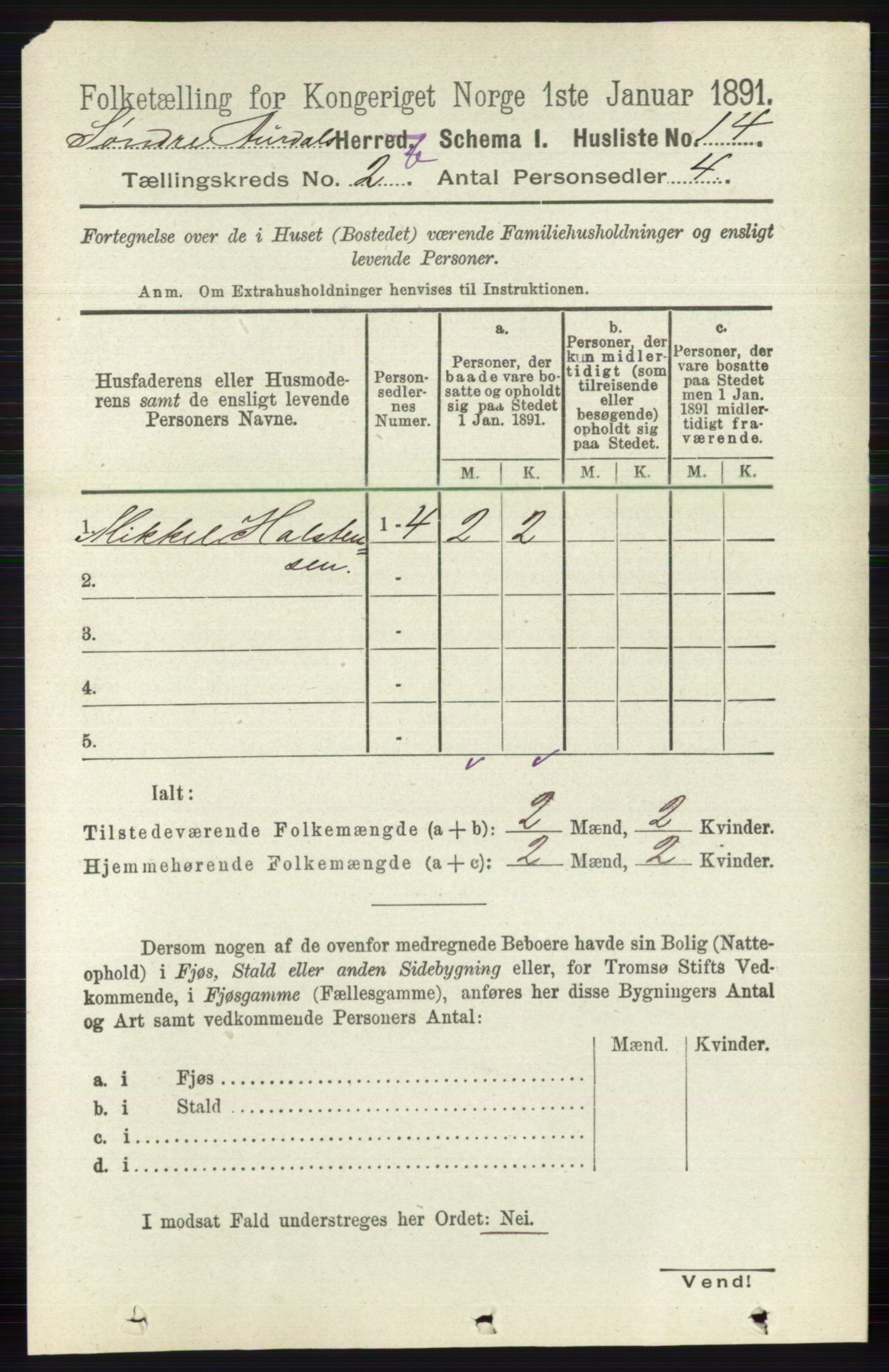 RA, 1891 census for 0540 Sør-Aurdal, 1891, p. 1449