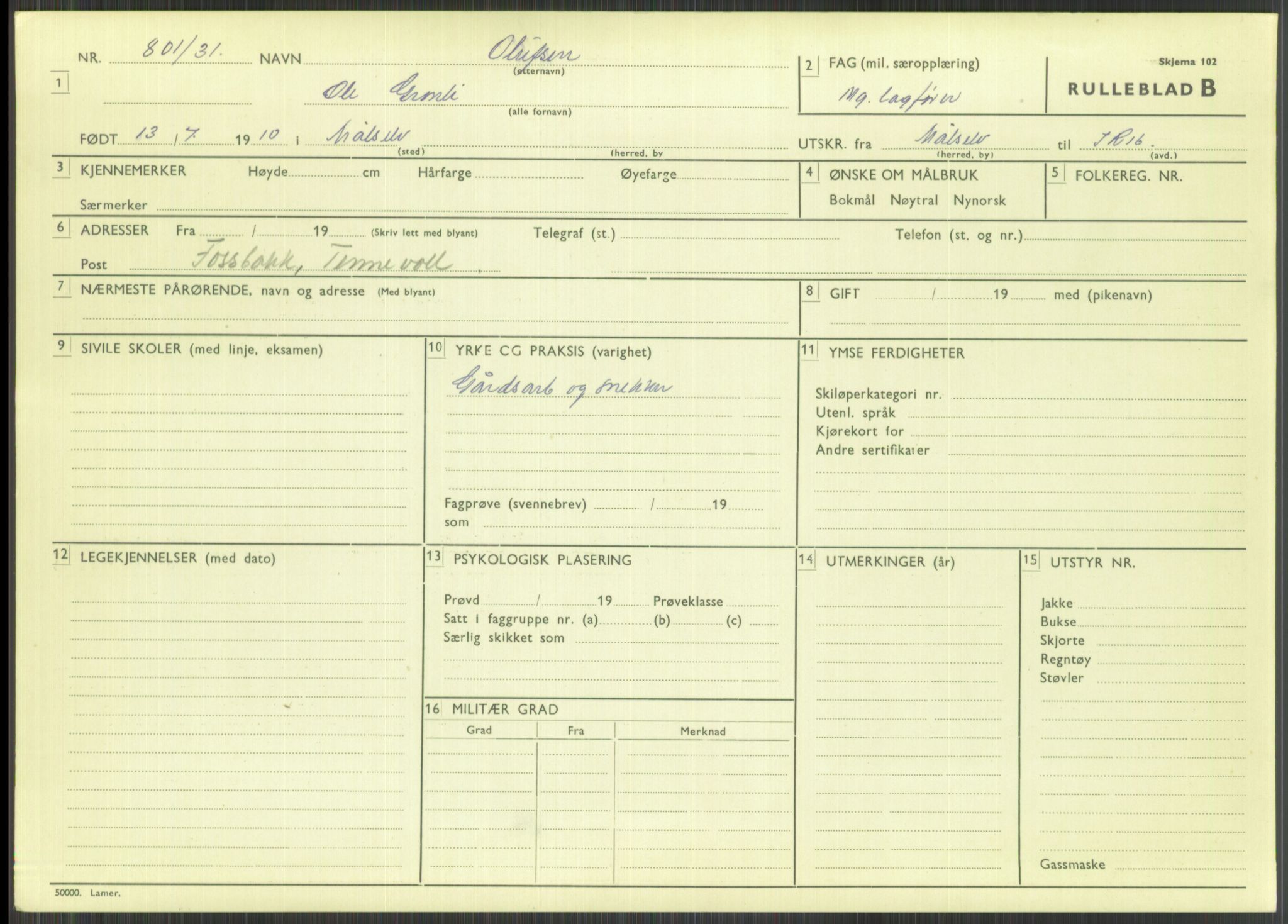 Forsvaret, Troms infanteriregiment nr. 16, AV/RA-RAFA-3146/P/Pa/L0015: Rulleblad for regimentets menige mannskaper, årsklasse 1931, 1931, p. 917