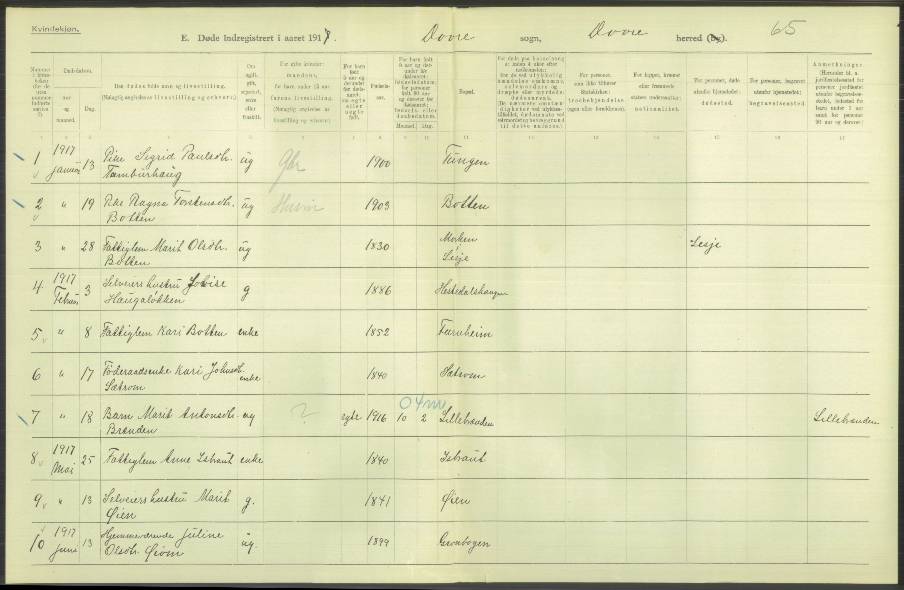 Statistisk sentralbyrå, Sosiodemografiske emner, Befolkning, RA/S-2228/D/Df/Dfb/Dfbg/L0017: Kristians amt: Døde. Bygder, byer., 1917, p. 232