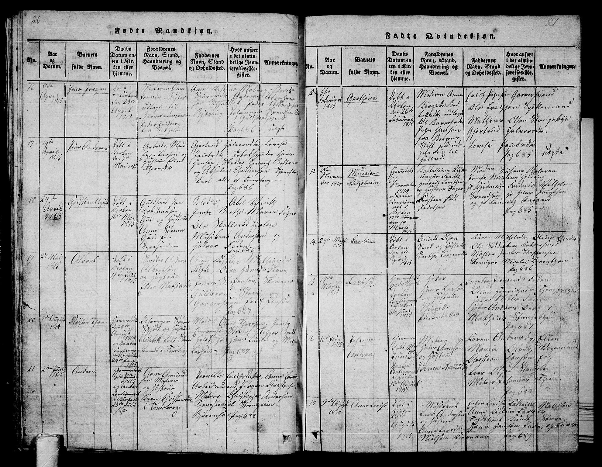 Tønsberg kirkebøker, SAKO/A-330/G/Ga/L0001: Parish register (copy) no. 1, 1813-1826, p. 20-21