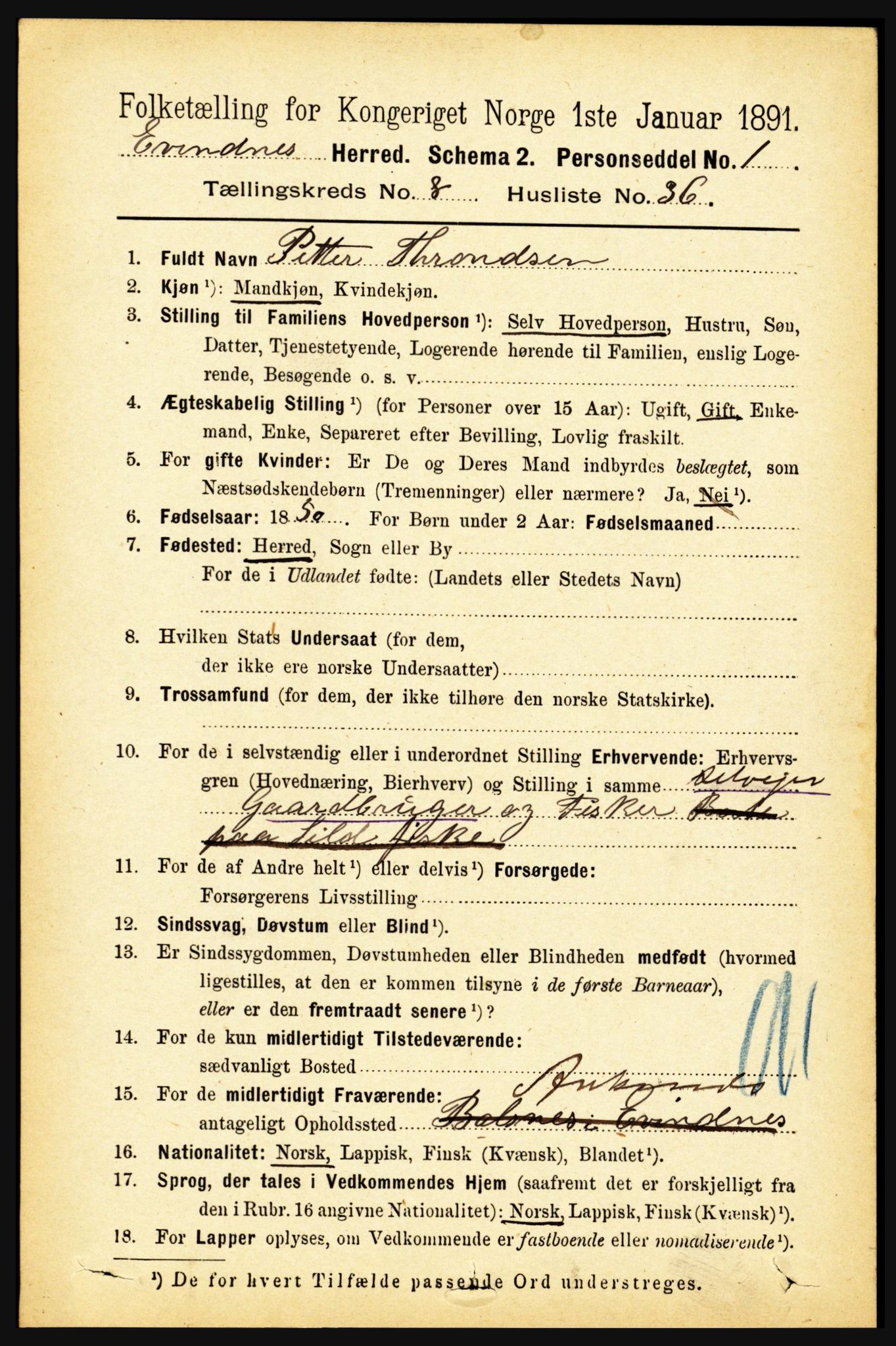 RA, 1891 census for 1853 Evenes, 1891, p. 2751