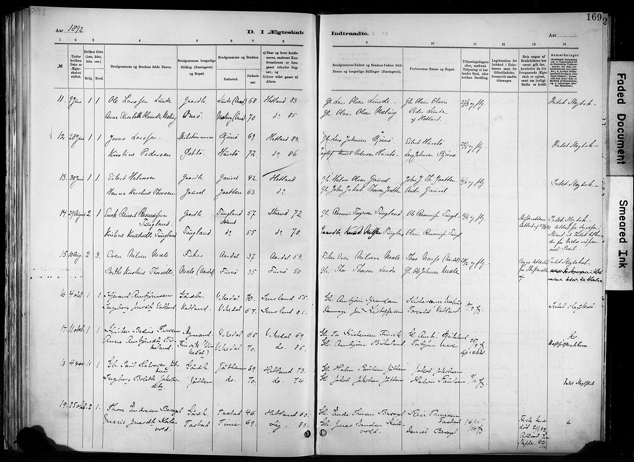 Hetland sokneprestkontor, SAST/A-101826/30/30BA/L0011: Parish register (official) no. A 11, 1884-1911, p. 169
