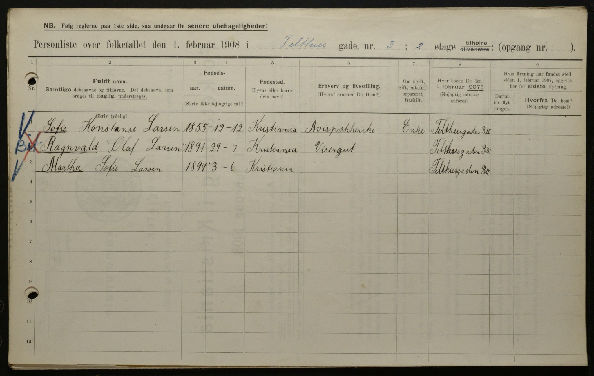 OBA, Municipal Census 1908 for Kristiania, 1908, p. 96698