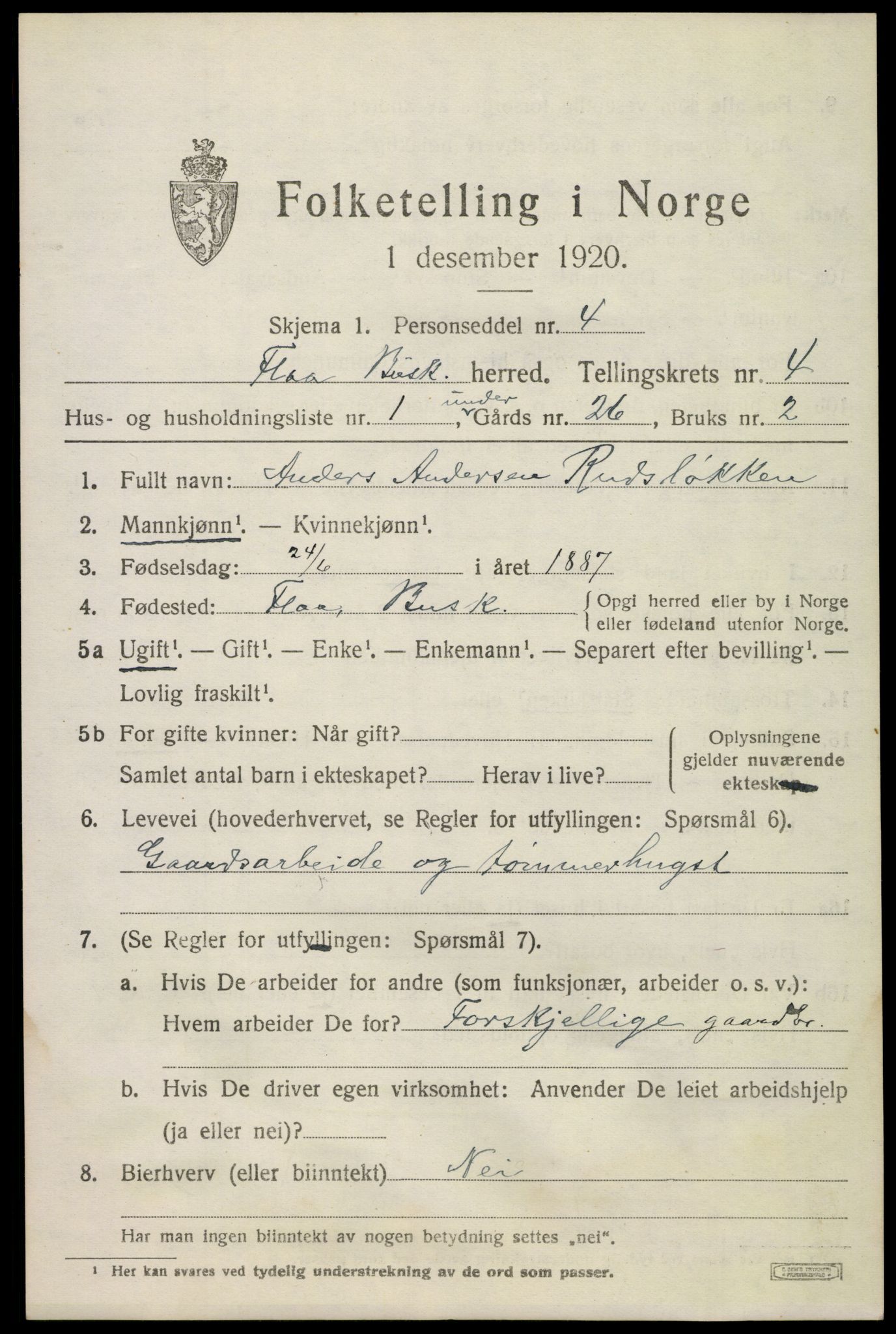 SAKO, 1920 census for Flå, 1920, p. 2629