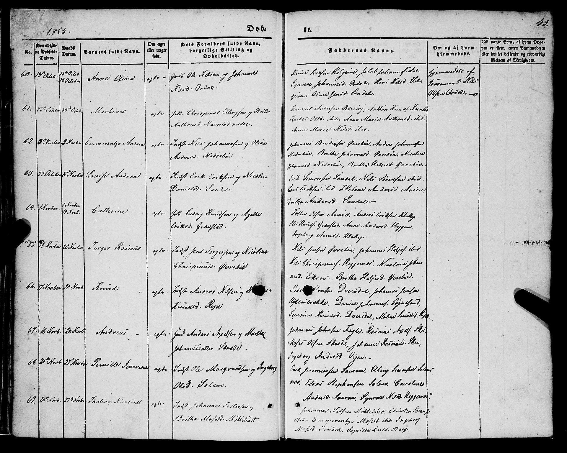Jølster sokneprestembete, SAB/A-80701/H/Haa/Haaa/L0010: Parish register (official) no. A 10, 1847-1865, p. 43