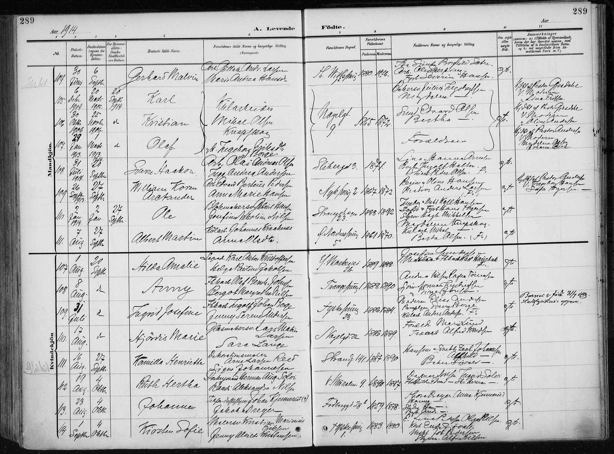 Nykirken Sokneprestembete, AV/SAB-A-77101/H/Haa/L0019: Parish register (official) no. B 7, 1904-1916, p. 289