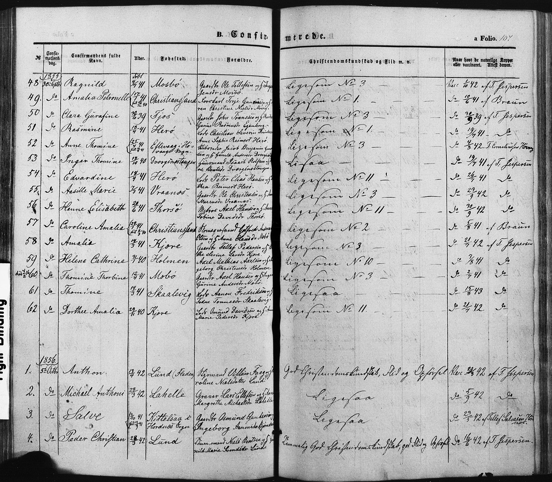 Oddernes sokneprestkontor, SAK/1111-0033/F/Fa/Faa/L0007: Parish register (official) no. A 7, 1851-1863, p. 107