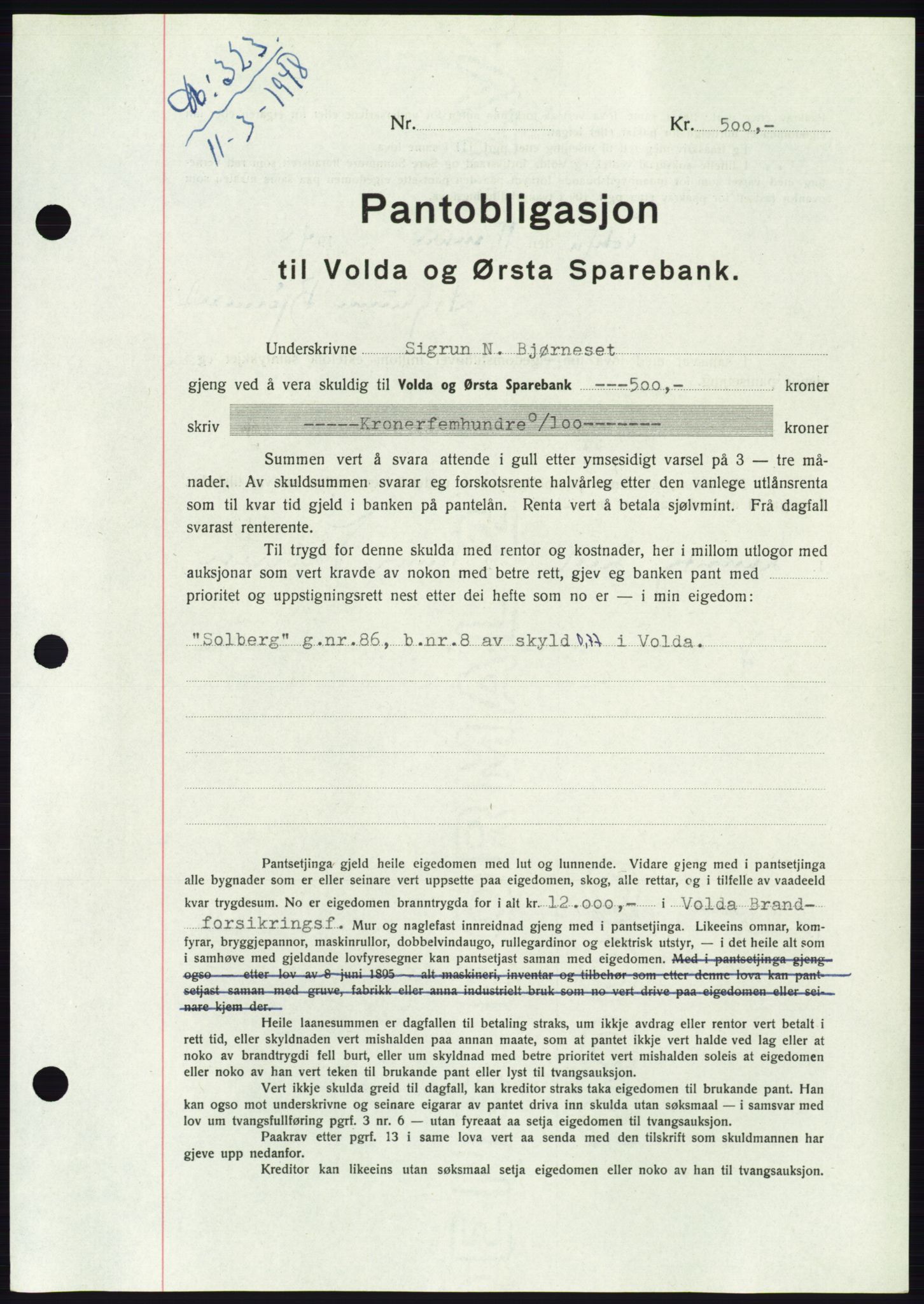 Søre Sunnmøre sorenskriveri, AV/SAT-A-4122/1/2/2C/L0115: Mortgage book no. 3B, 1947-1948, Diary no: : 323/1948