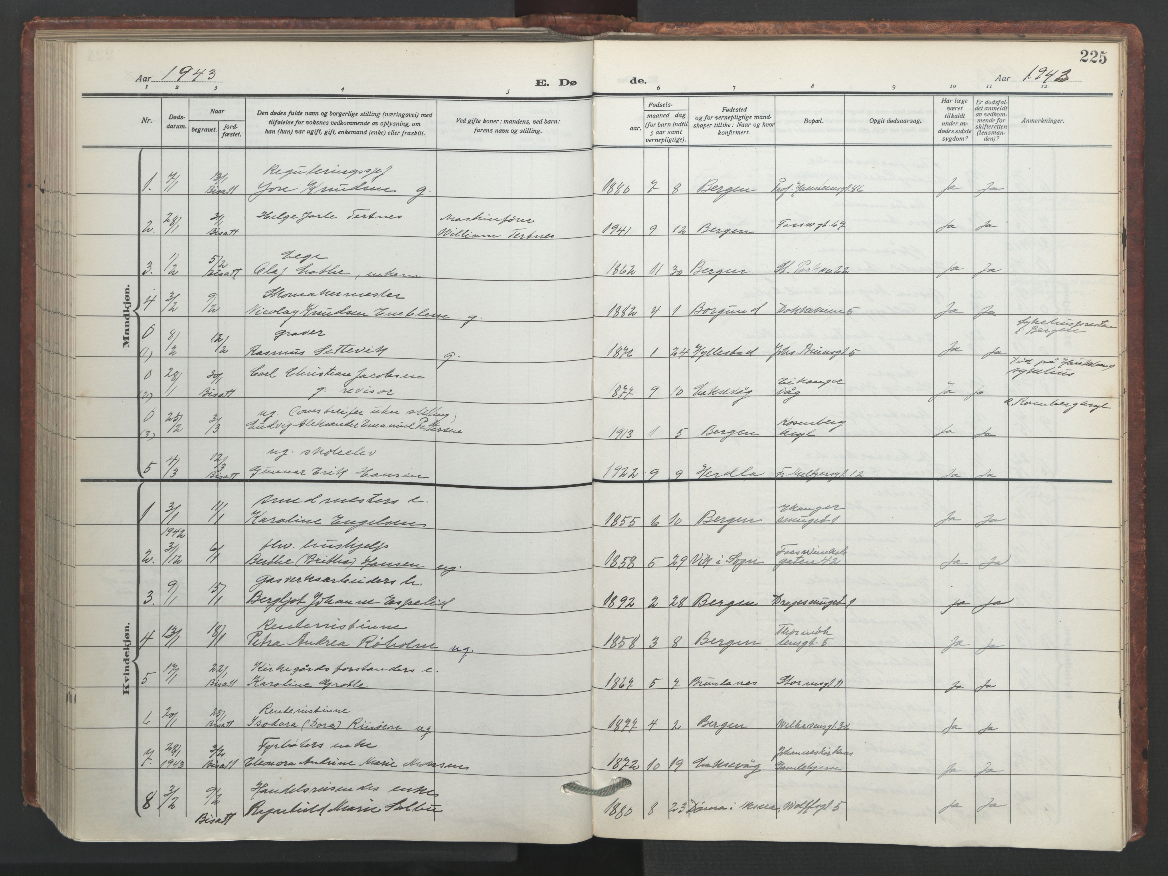 Johanneskirken sokneprestembete, SAB/A-76001/H/Hab: Parish register (copy) no. D 2, 1916-1950, p. 224b-225a