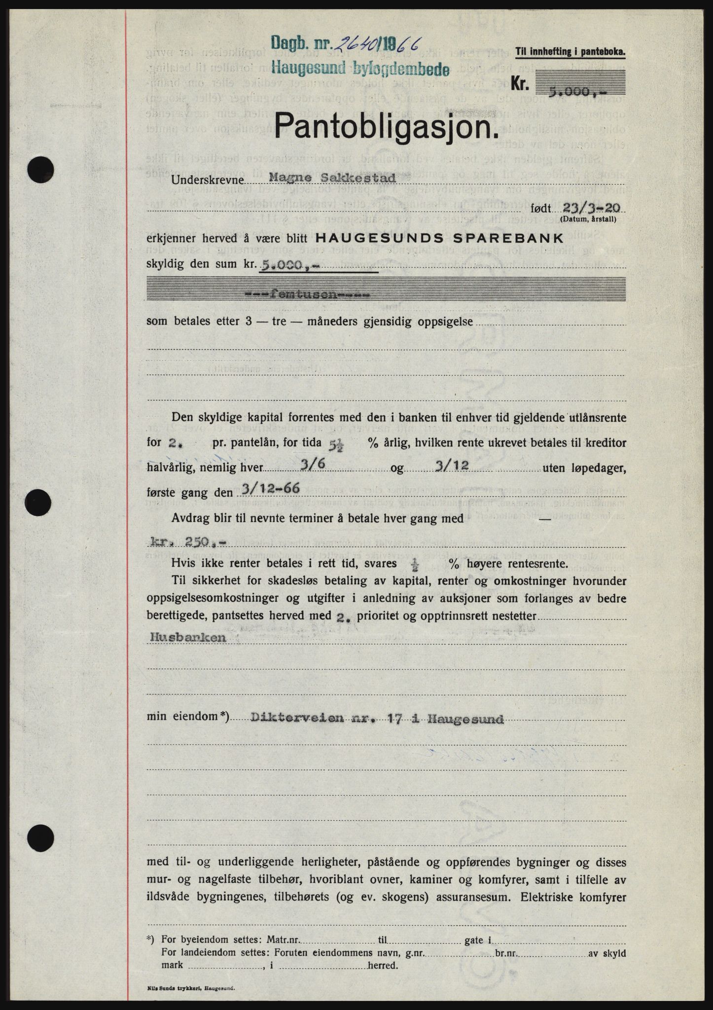 Haugesund tingrett, SAST/A-101415/01/II/IIC/L0056: Mortgage book no. B 56, 1966-1967, Diary no: : 2640/1966