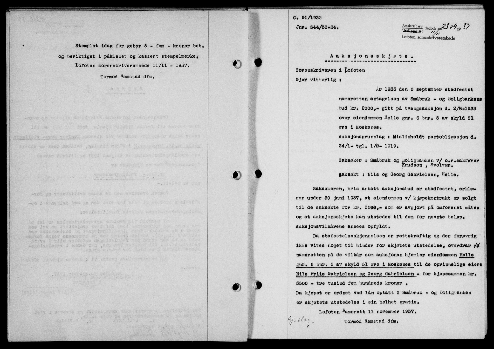 Lofoten sorenskriveri, SAT/A-0017/1/2/2C/L0003a: Mortgage book no. 3a, 1937-1938, Diary no: : 2309/1937