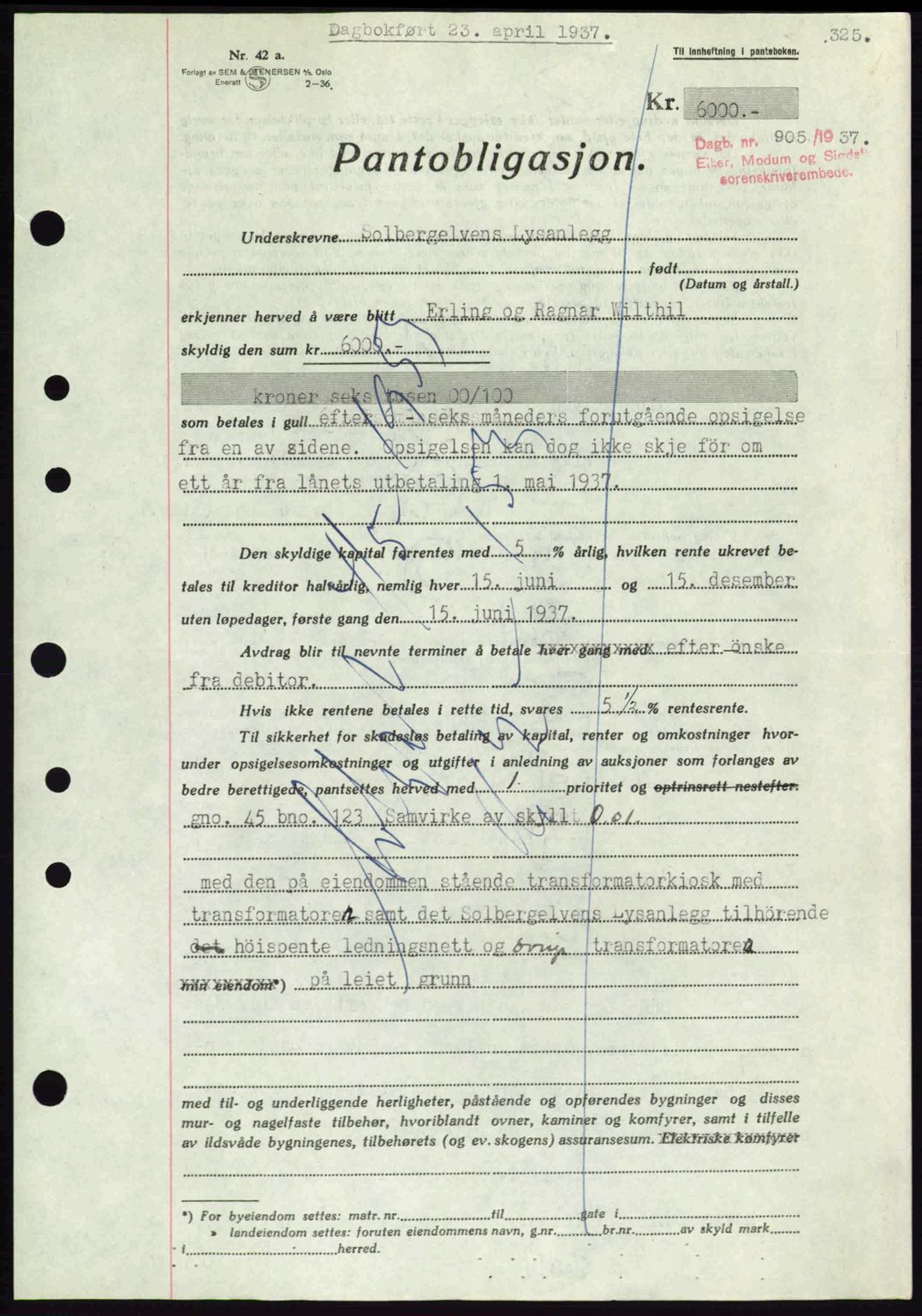 Eiker, Modum og Sigdal sorenskriveri, SAKO/A-123/G/Ga/Gab/L0035: Mortgage book no. A5, 1937-1937, Diary no: : 905/1937