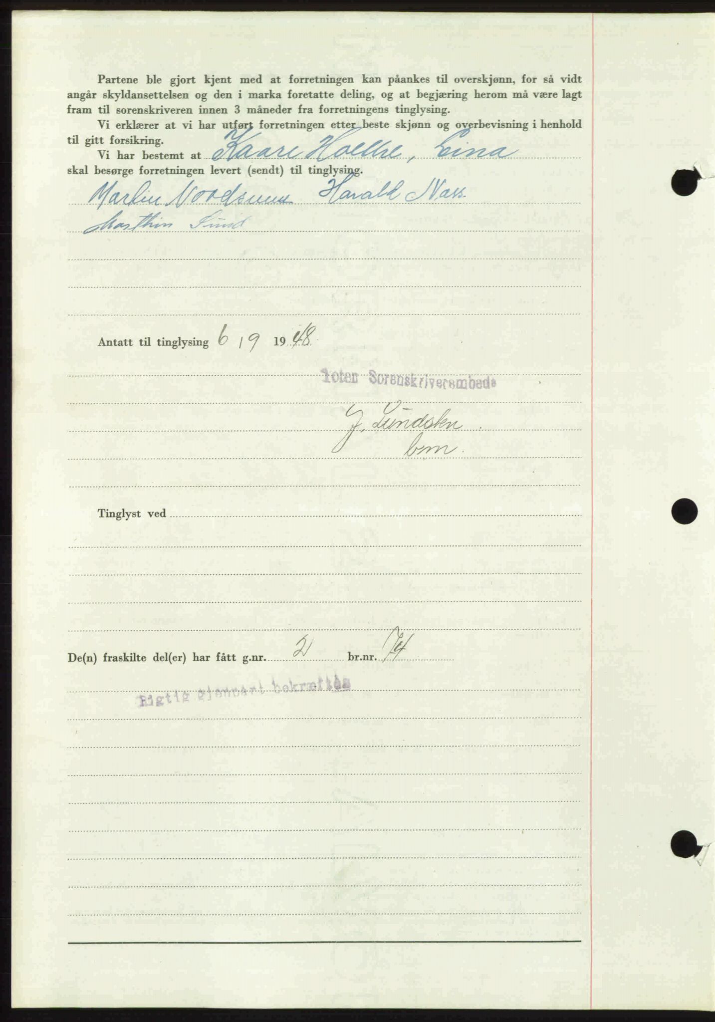 Toten tingrett, SAH/TING-006/H/Hb/Hbc/L0020: Mortgage book no. Hbc-20, 1948-1948, Diary no: : 2828/1948