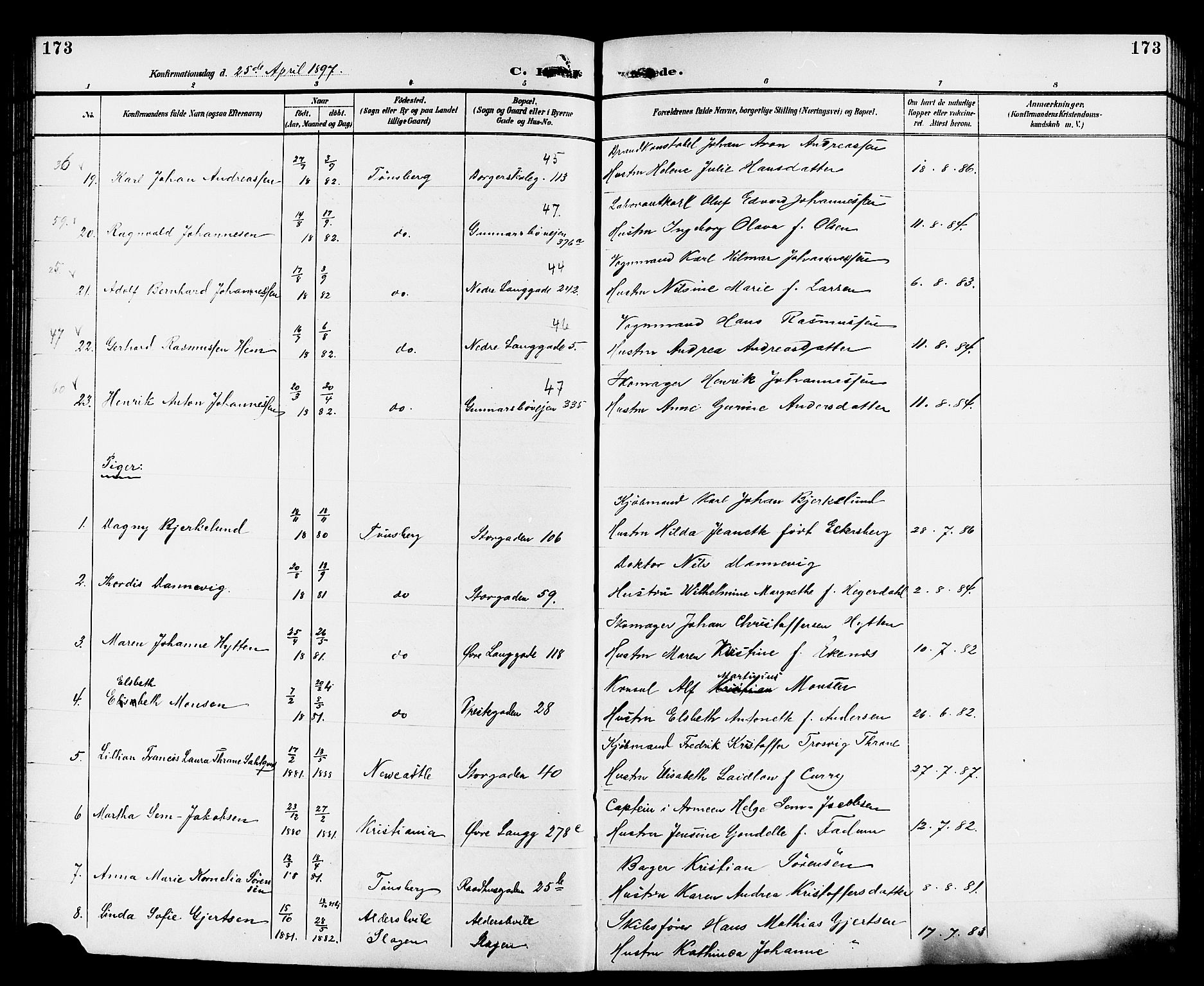 Tønsberg kirkebøker, AV/SAKO-A-330/G/Ga/L0007: Parish register (copy) no. 7, 1896-1904, p. 173