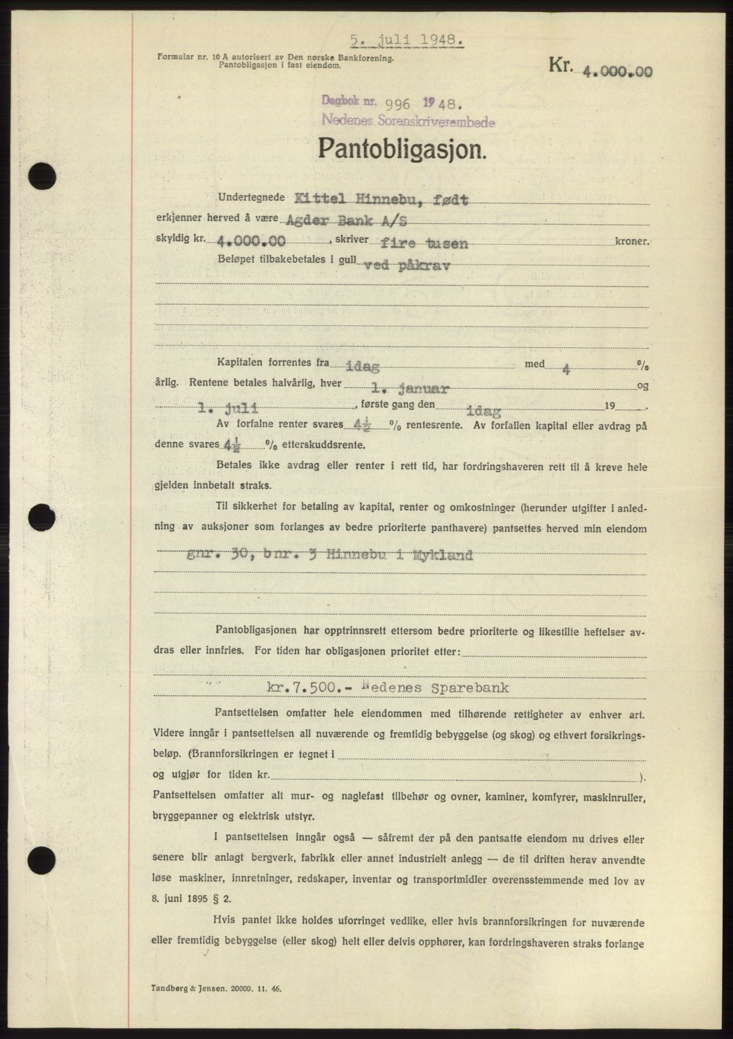 Nedenes sorenskriveri, AV/SAK-1221-0006/G/Gb/Gbb/L0005: Mortgage book no. B5, 1948-1948, Diary no: : 996/1948