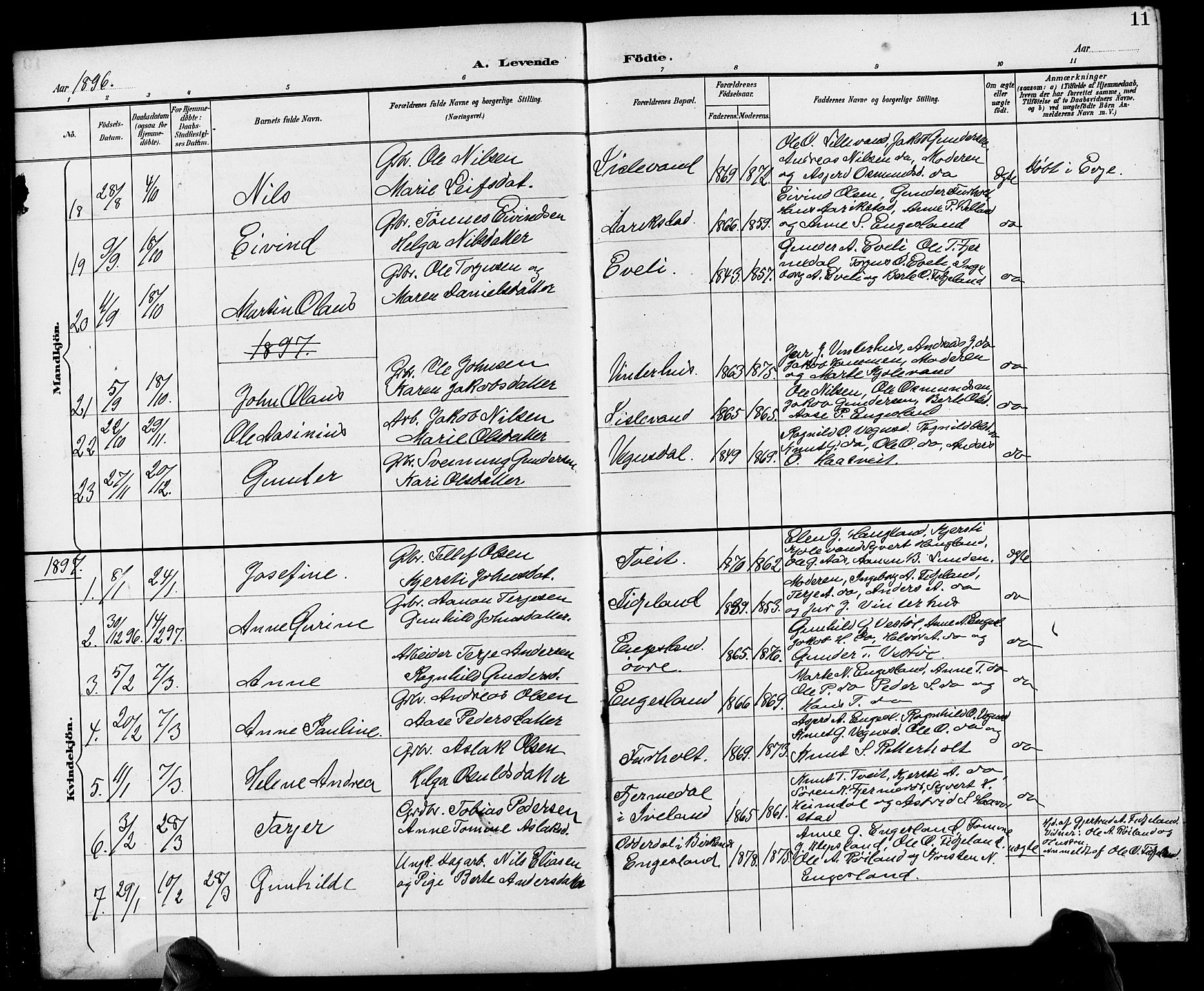 Herefoss sokneprestkontor, SAK/1111-0019/F/Fb/Fbb/L0003: Parish register (copy) no. B 3, 1892-1917, p. 11