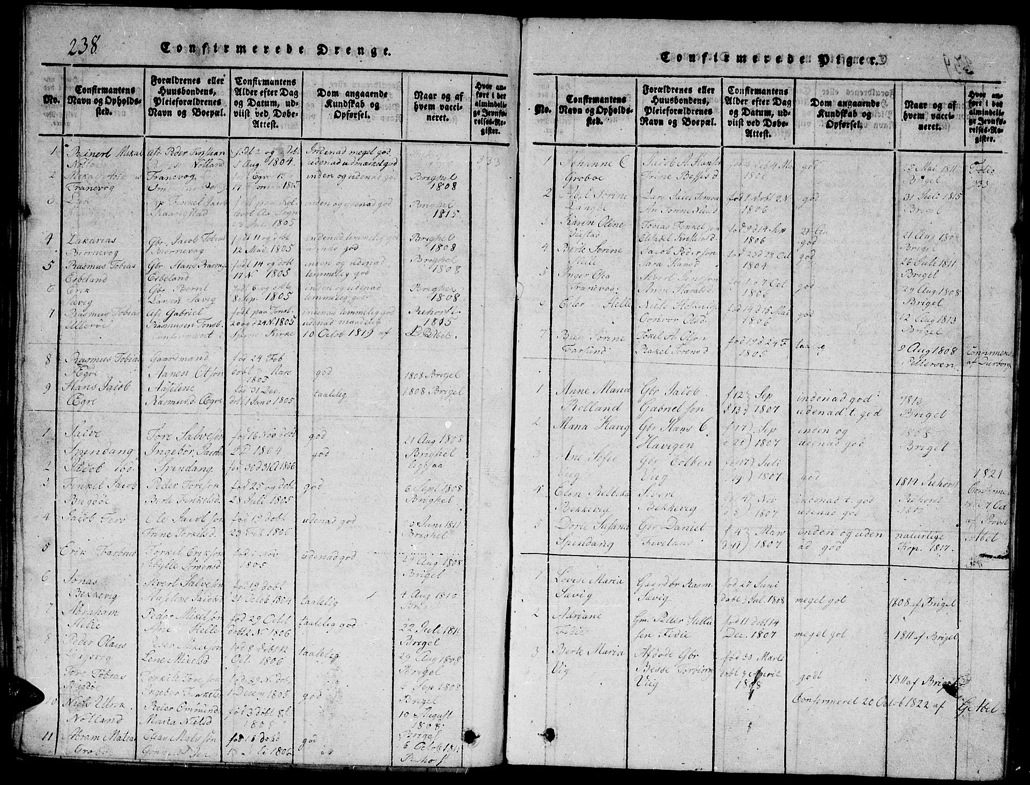 Herad sokneprestkontor, SAK/1111-0018/F/Fb/Fbb/L0001: Parish register (copy) no. B 1, 1815-1852, p. 238