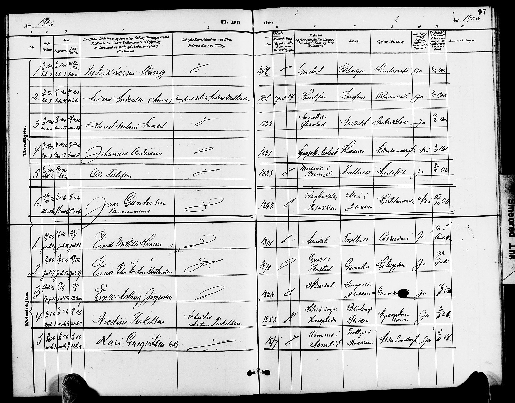 Austre Moland sokneprestkontor, SAK/1111-0001/F/Fb/Fbb/L0002: Parish register (copy) no. B 2, 1894-1918, p. 97