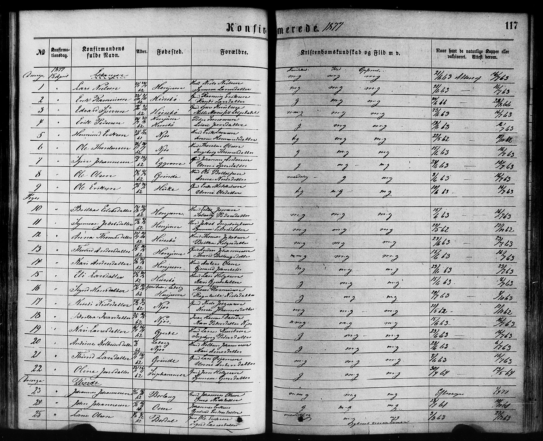 Leikanger sokneprestembete, AV/SAB-A-81001/H/Haa/Haaa/L0009: Parish register (official) no. A 9, 1869-1888, p. 117