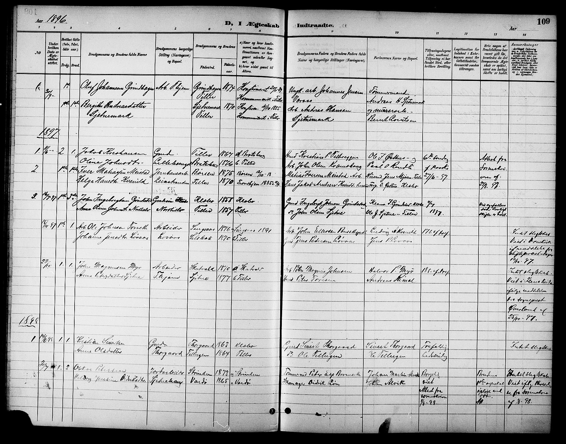 Ministerialprotokoller, klokkerbøker og fødselsregistre - Sør-Trøndelag, SAT/A-1456/621/L0460: Parish register (copy) no. 621C03, 1896-1914, p. 109