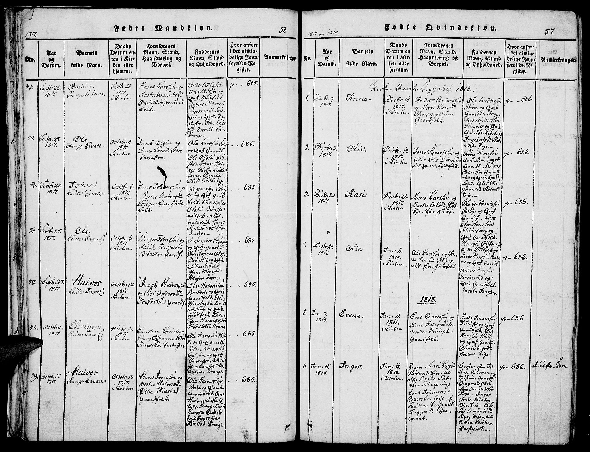 Romedal prestekontor, SAH/PREST-004/K/L0002: Parish register (official) no. 2, 1814-1828, p. 56-57