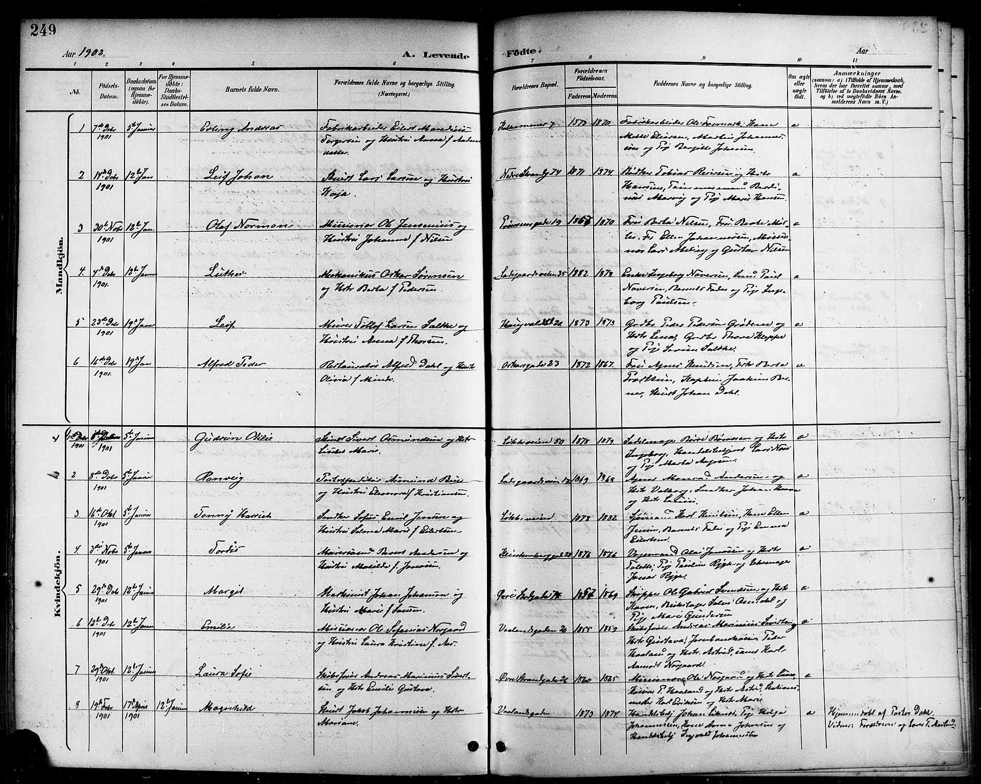 Domkirken sokneprestkontor, SAST/A-101812/001/30/30BB/L0016: Parish register (copy) no. B 16, 1891-1902, p. 249