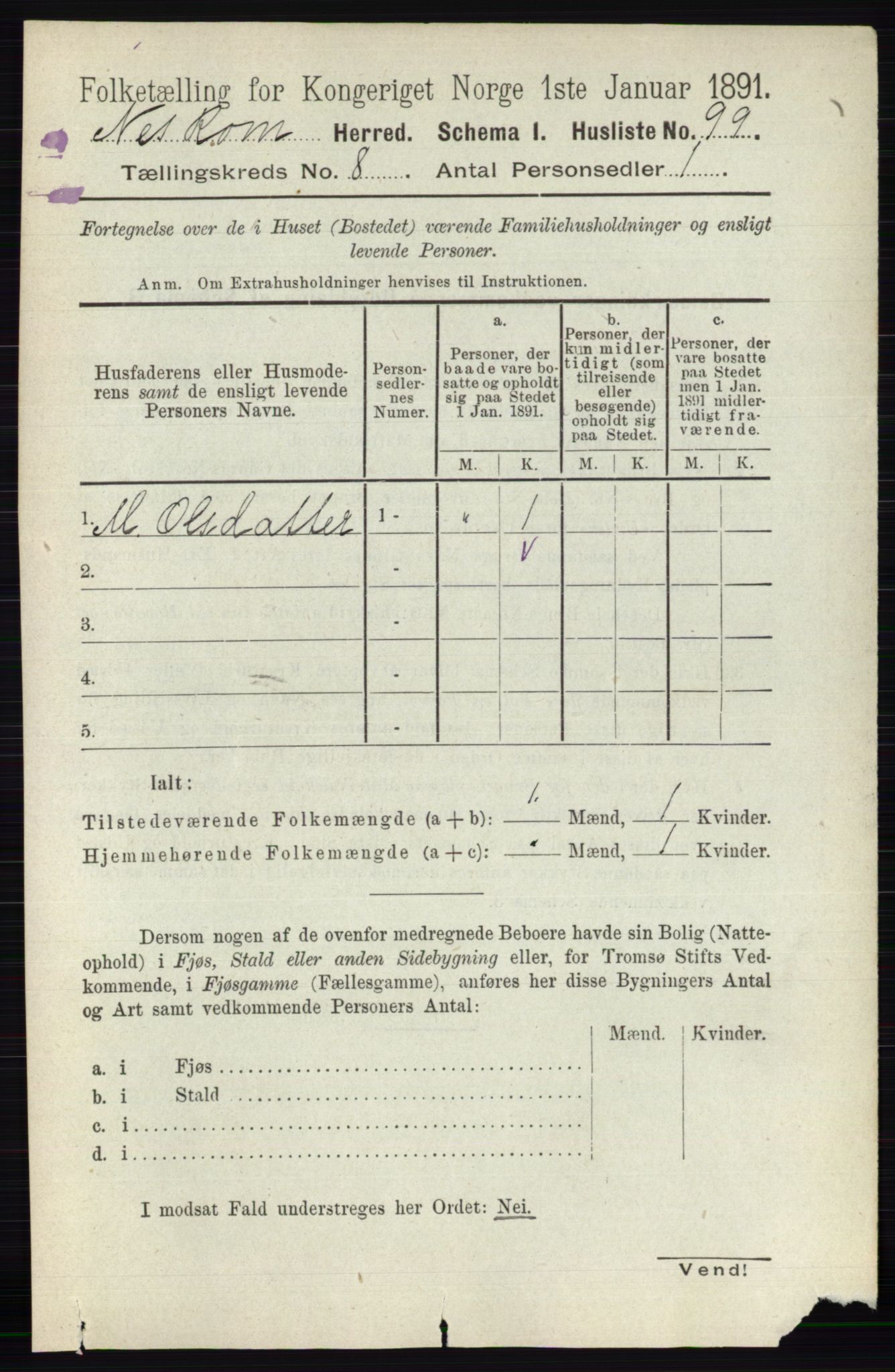 RA, 1891 census for 0236 Nes, 1891, p. 4579