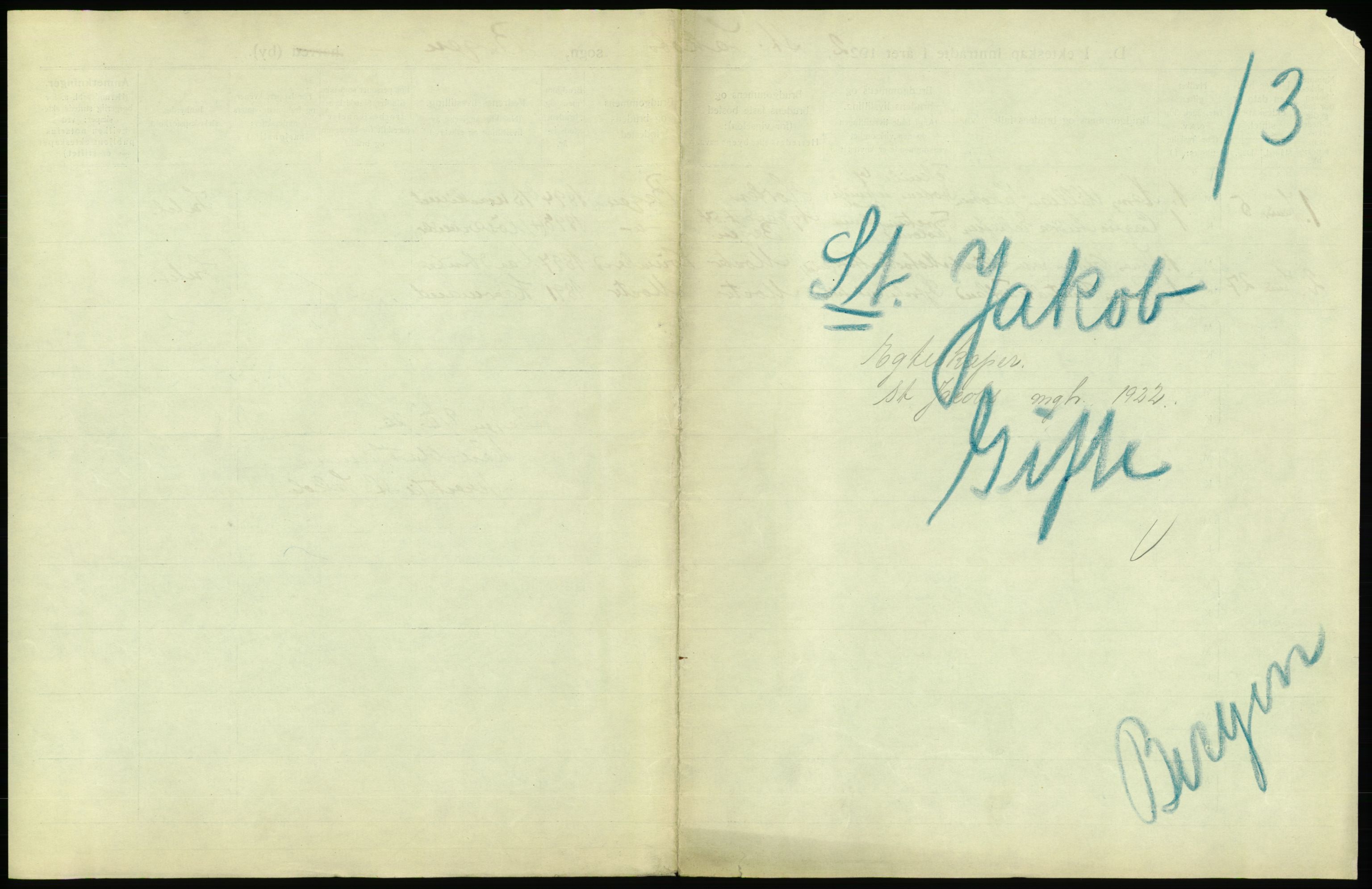 Statistisk sentralbyrå, Sosiodemografiske emner, Befolkning, AV/RA-S-2228/D/Df/Dfc/Dfcb/L0030: Bergen: Gifte, døde, dødfødte., 1922, p. 9