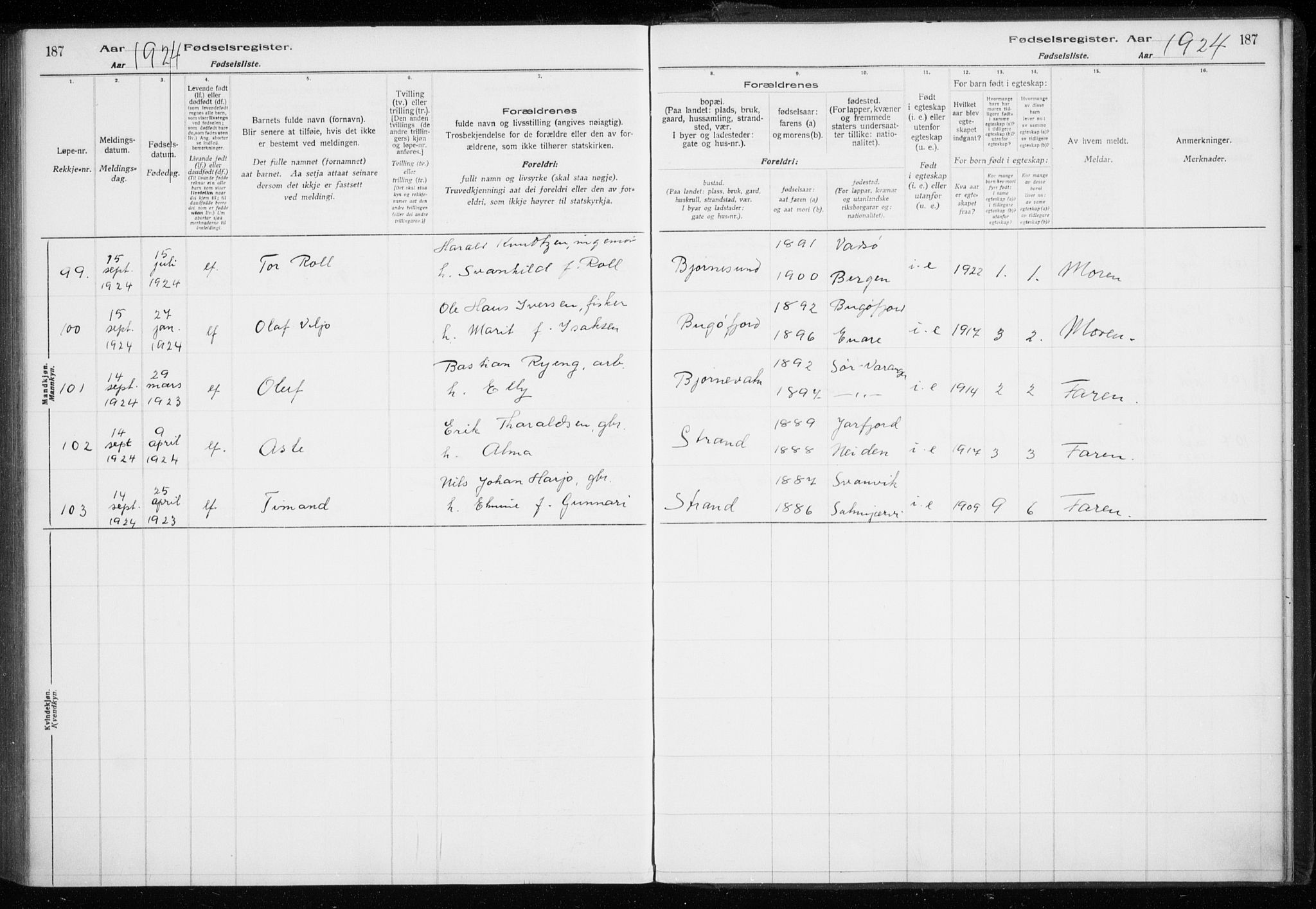 Sør-Varanger sokneprestkontor, AV/SATØ-S-1331/I/Ia/L0016: Birth register no. 16, 1915-1925, p. 187