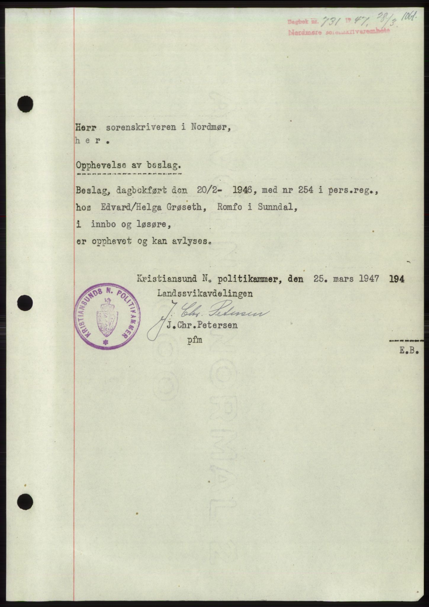 Nordmøre sorenskriveri, AV/SAT-A-4132/1/2/2Ca: Mortgage book no. B95, 1946-1947, Diary no: : 731/1947