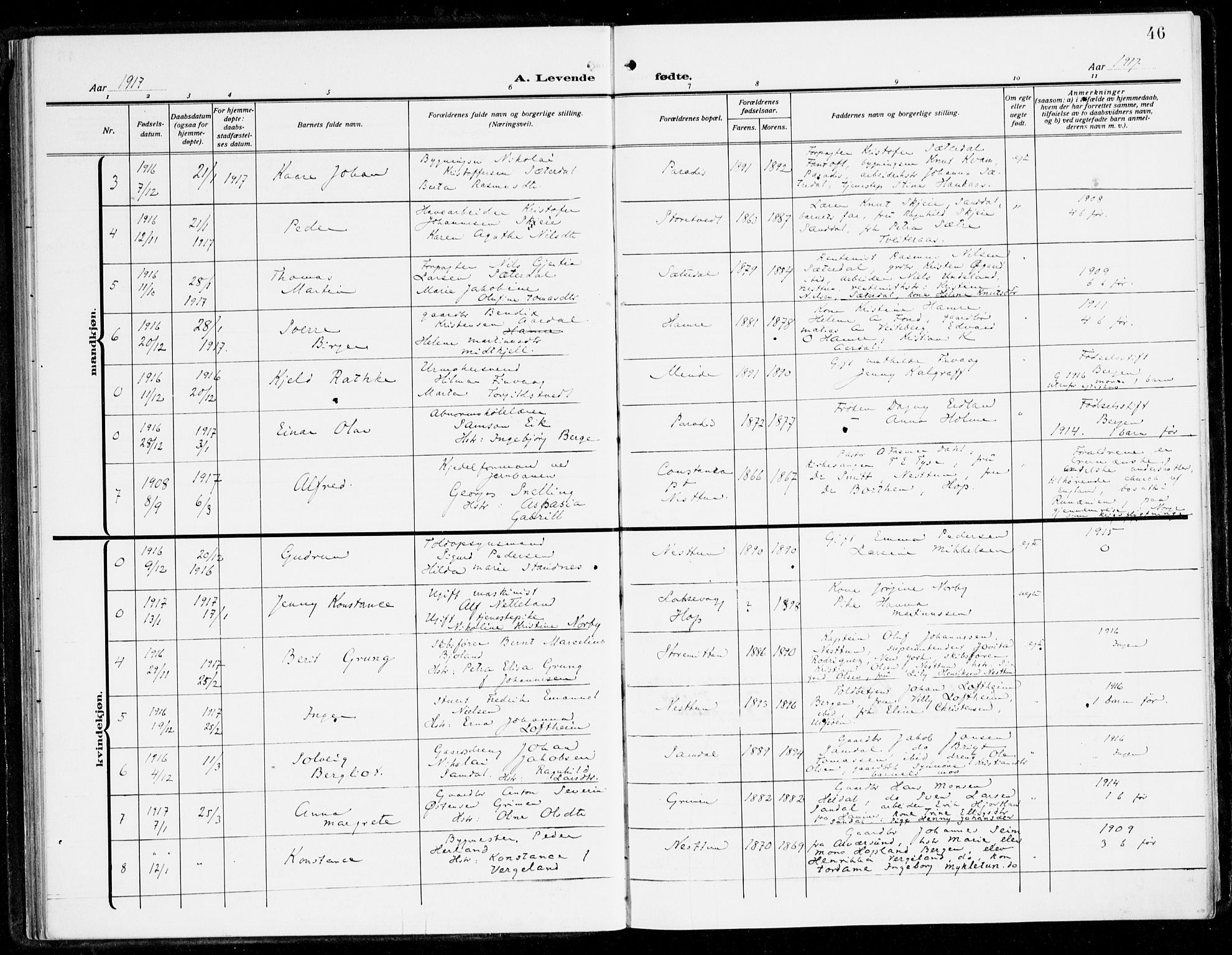 Fana Sokneprestembete, AV/SAB-A-75101/H/Haa/Haai/L0004: Parish register (official) no. I 4, 1912-1933, p. 46