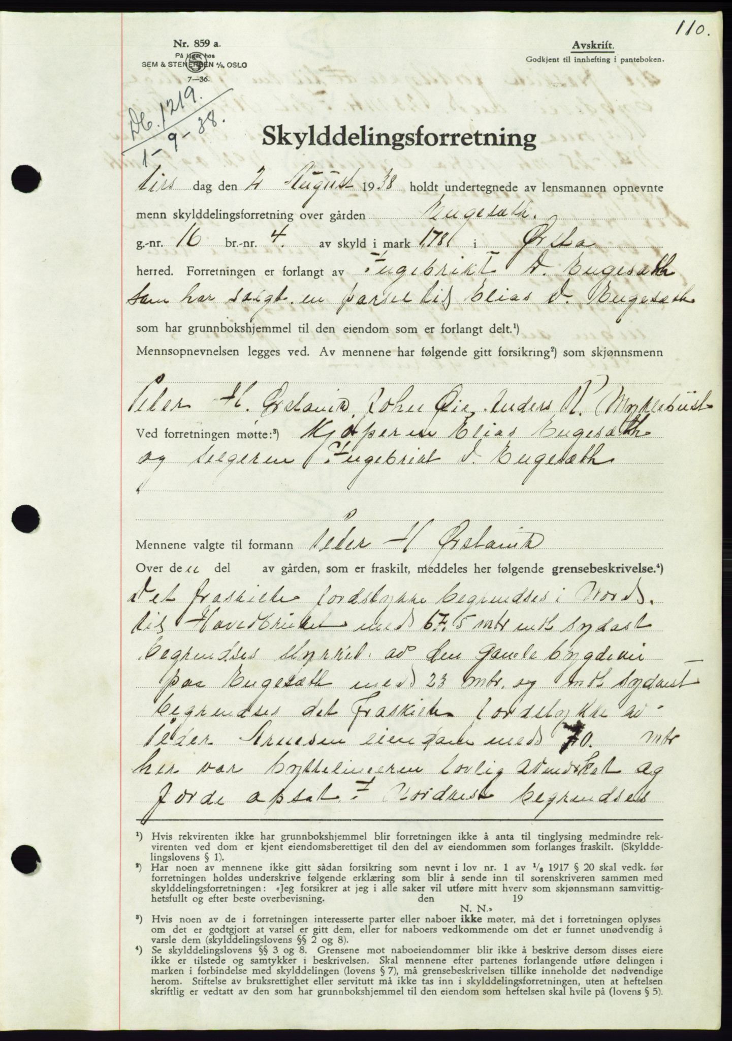 Søre Sunnmøre sorenskriveri, AV/SAT-A-4122/1/2/2C/L0066: Mortgage book no. 60, 1938-1938, Diary no: : 1219/1938