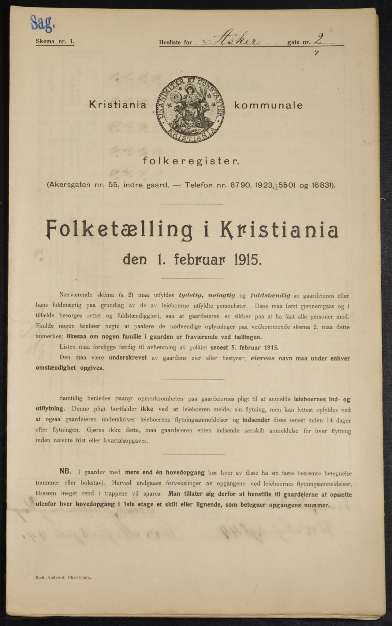 OBA, Municipal Census 1915 for Kristiania, 1915, p. 2581