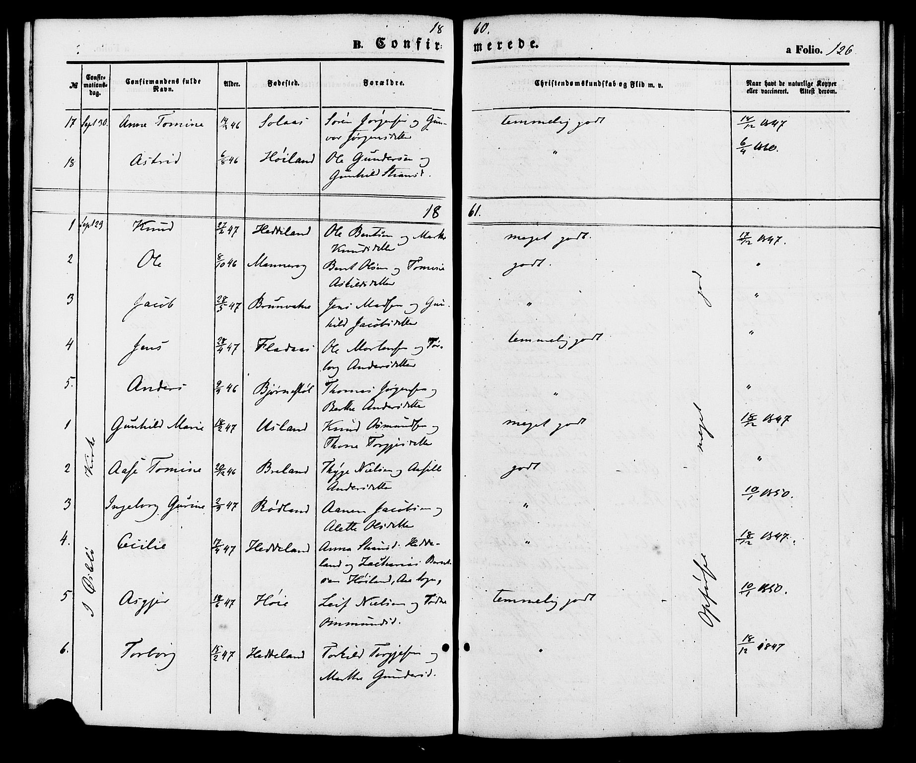 Holum sokneprestkontor, SAK/1111-0022/F/Fa/Fac/L0003: Parish register (official) no. A 3, 1860-1883, p. 126