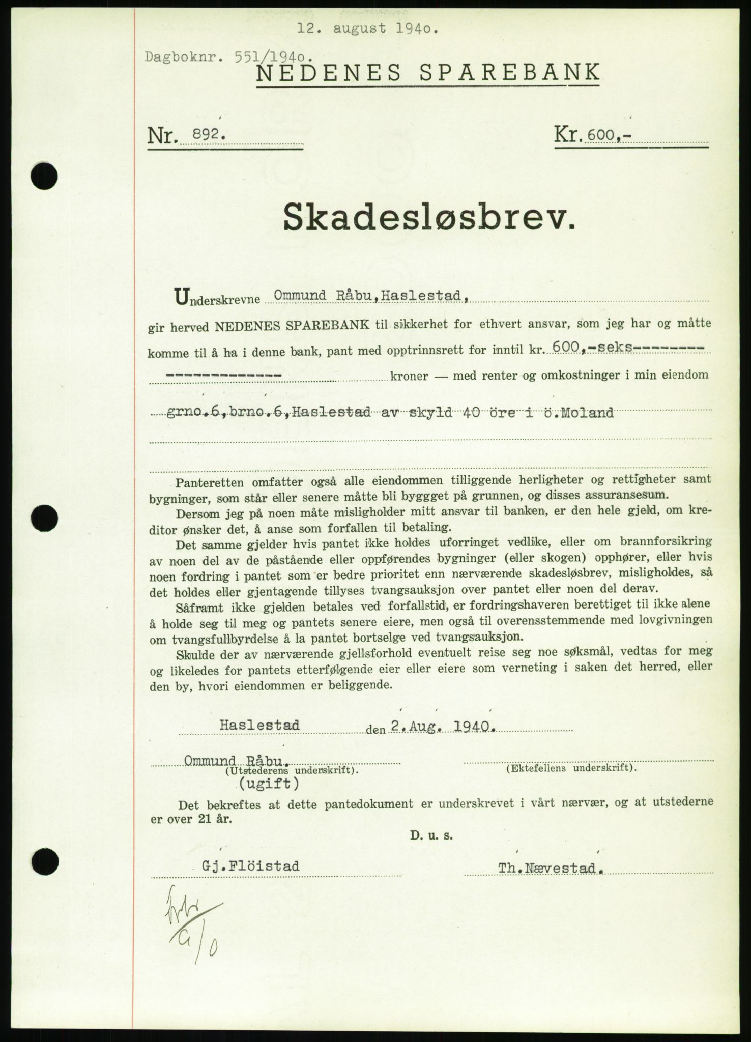 Nedenes sorenskriveri, AV/SAK-1221-0006/G/Gb/Gbb/L0001: Mortgage book no. I, 1939-1942, Diary no: : 551/1940