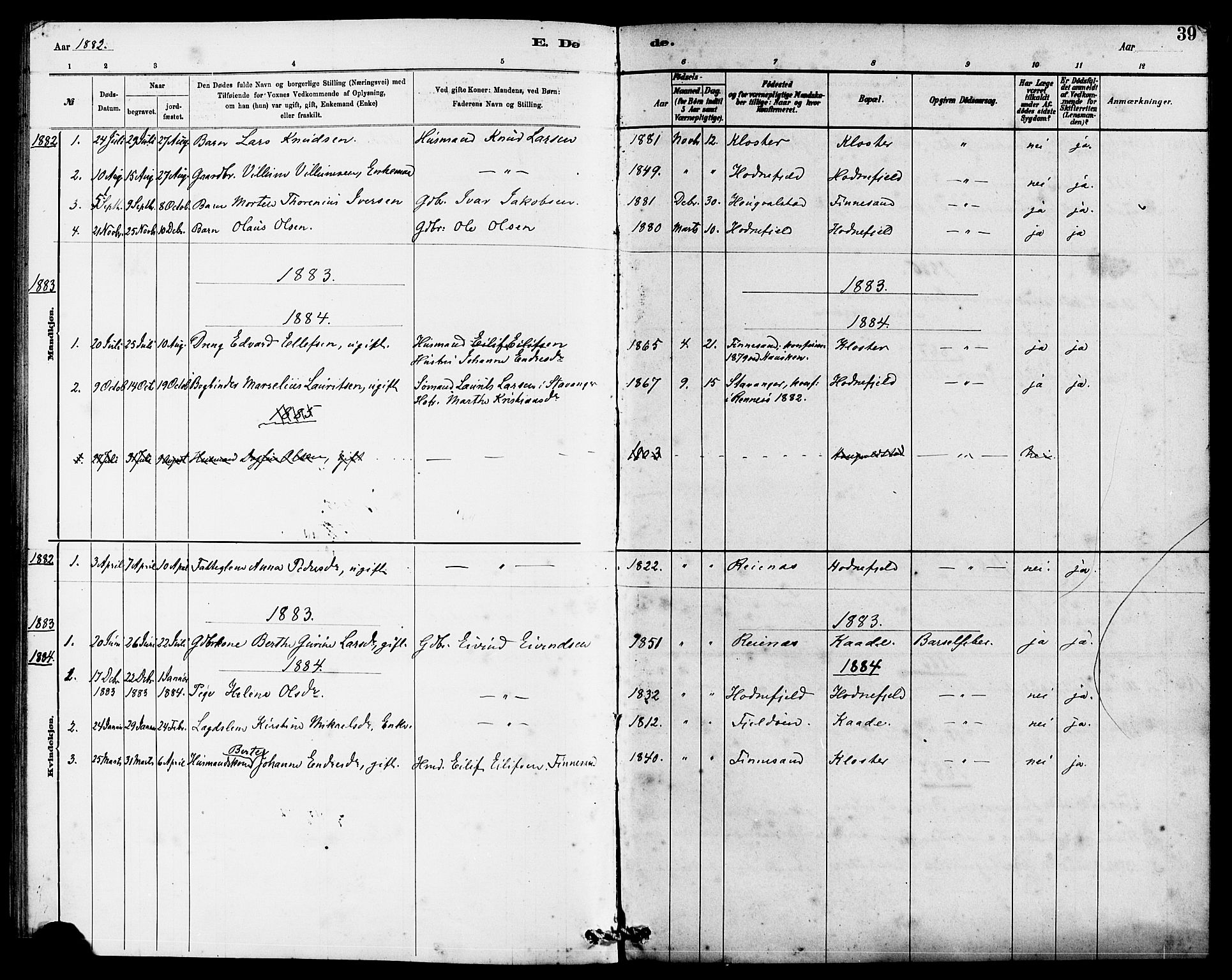 Rennesøy sokneprestkontor, SAST/A -101827/H/Ha/Haa/L0010: Parish register (official) no. A 10, 1878-1890, p. 39