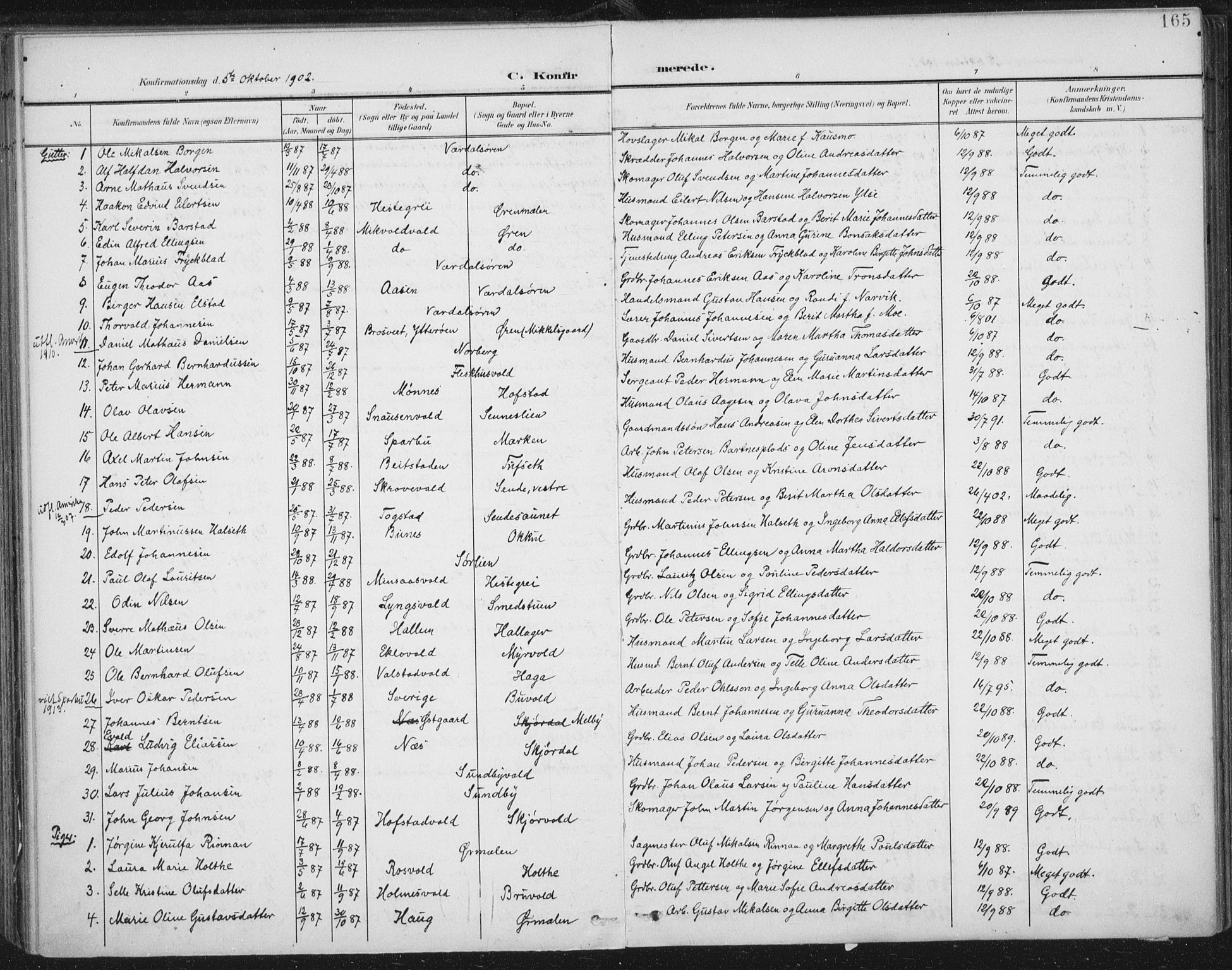 Ministerialprotokoller, klokkerbøker og fødselsregistre - Nord-Trøndelag, SAT/A-1458/723/L0246: Parish register (official) no. 723A15, 1900-1917, p. 165