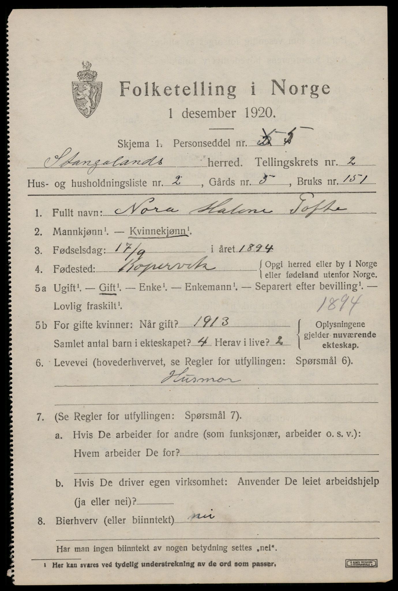 SAST, 1920 census for Stangaland, 1920, p. 1217