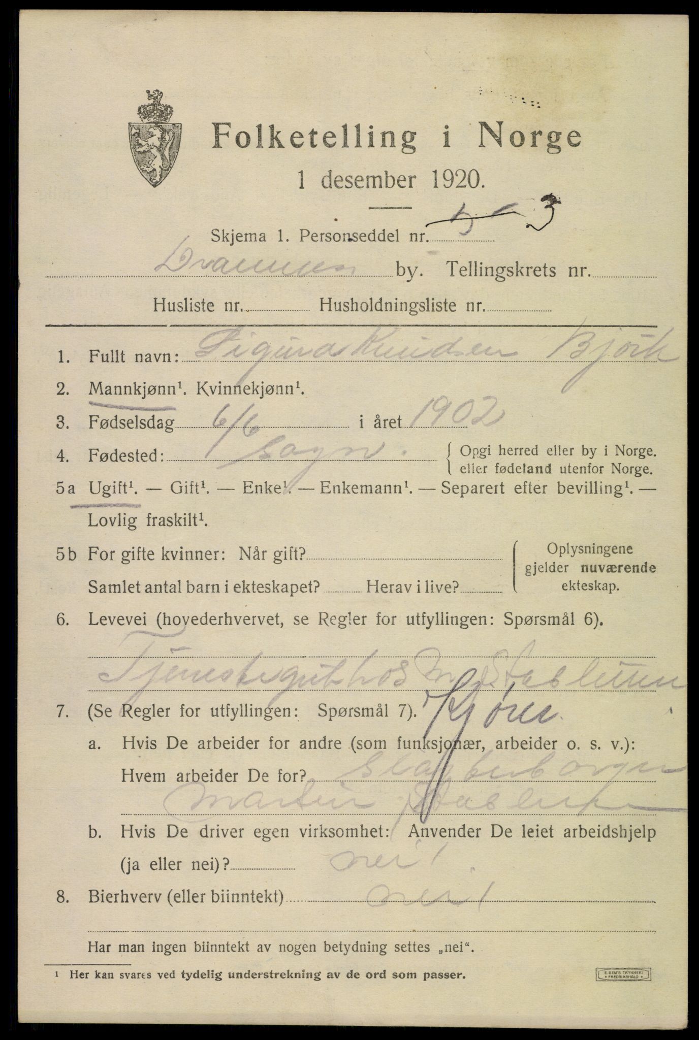 SAKO, 1920 census for Drammen, 1920, p. 18969